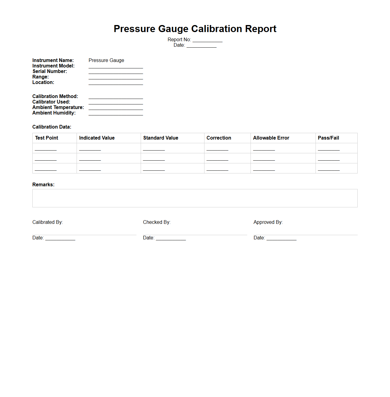 Pressure Gauge Calibration Report Example