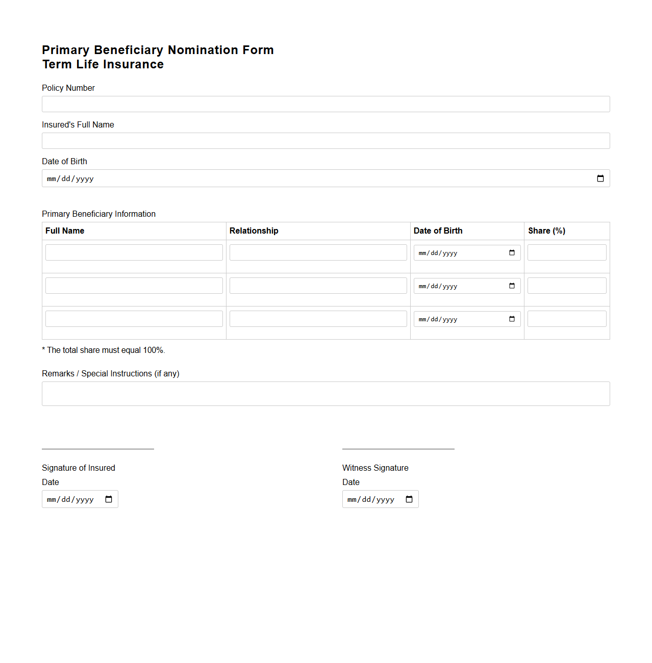 Primary Beneficiary Nomination Form for Term Life Insurance