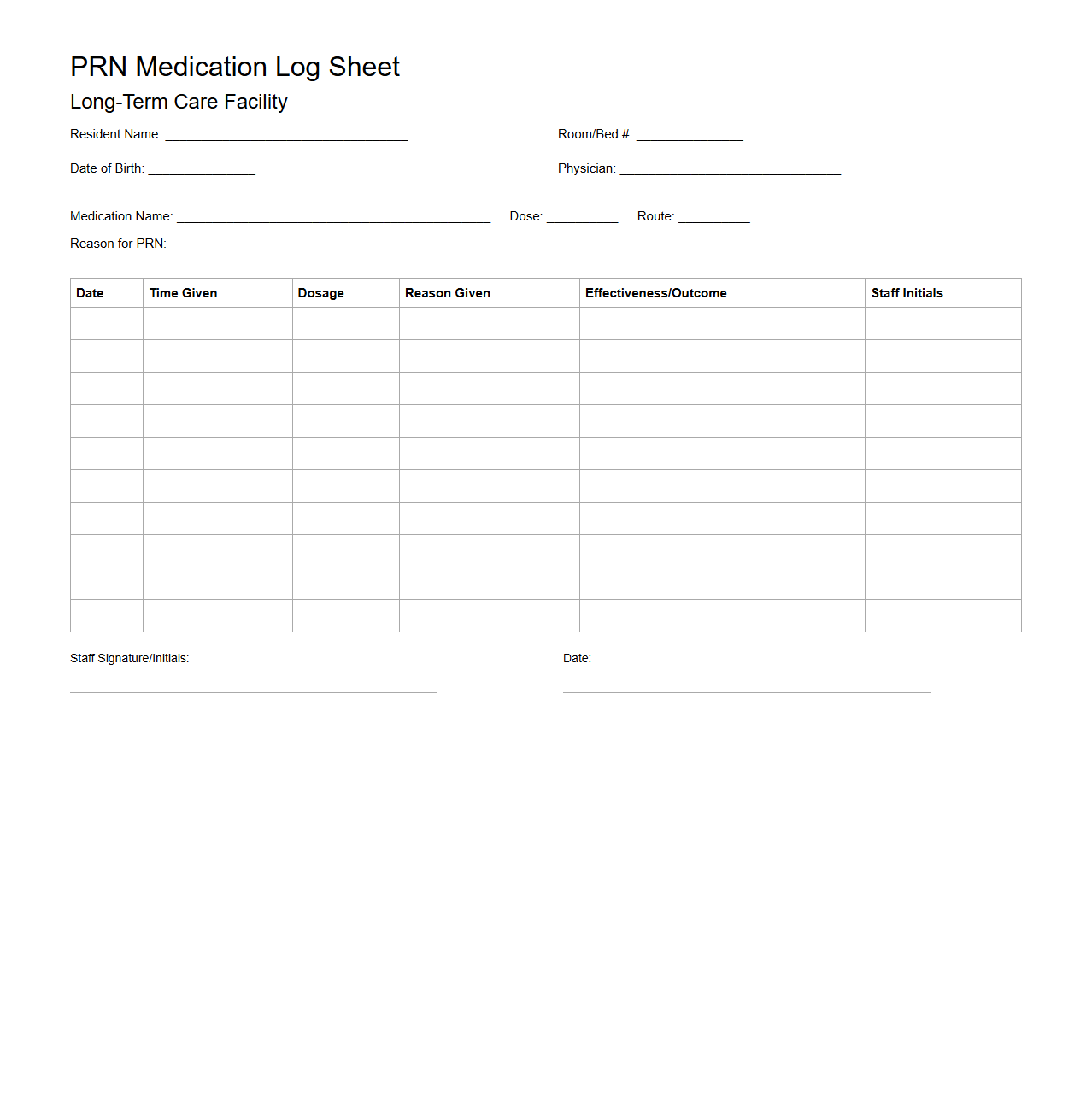 PRN Medication Log Sheet for Long-Term Care Facilities