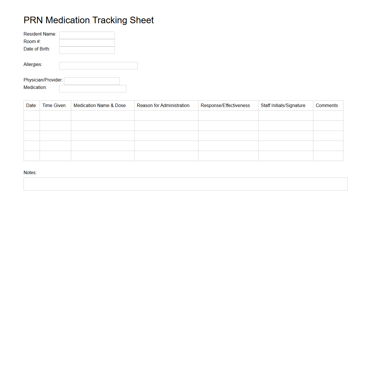 PRN Medication Tracking Sheet for Elder Care Facilities