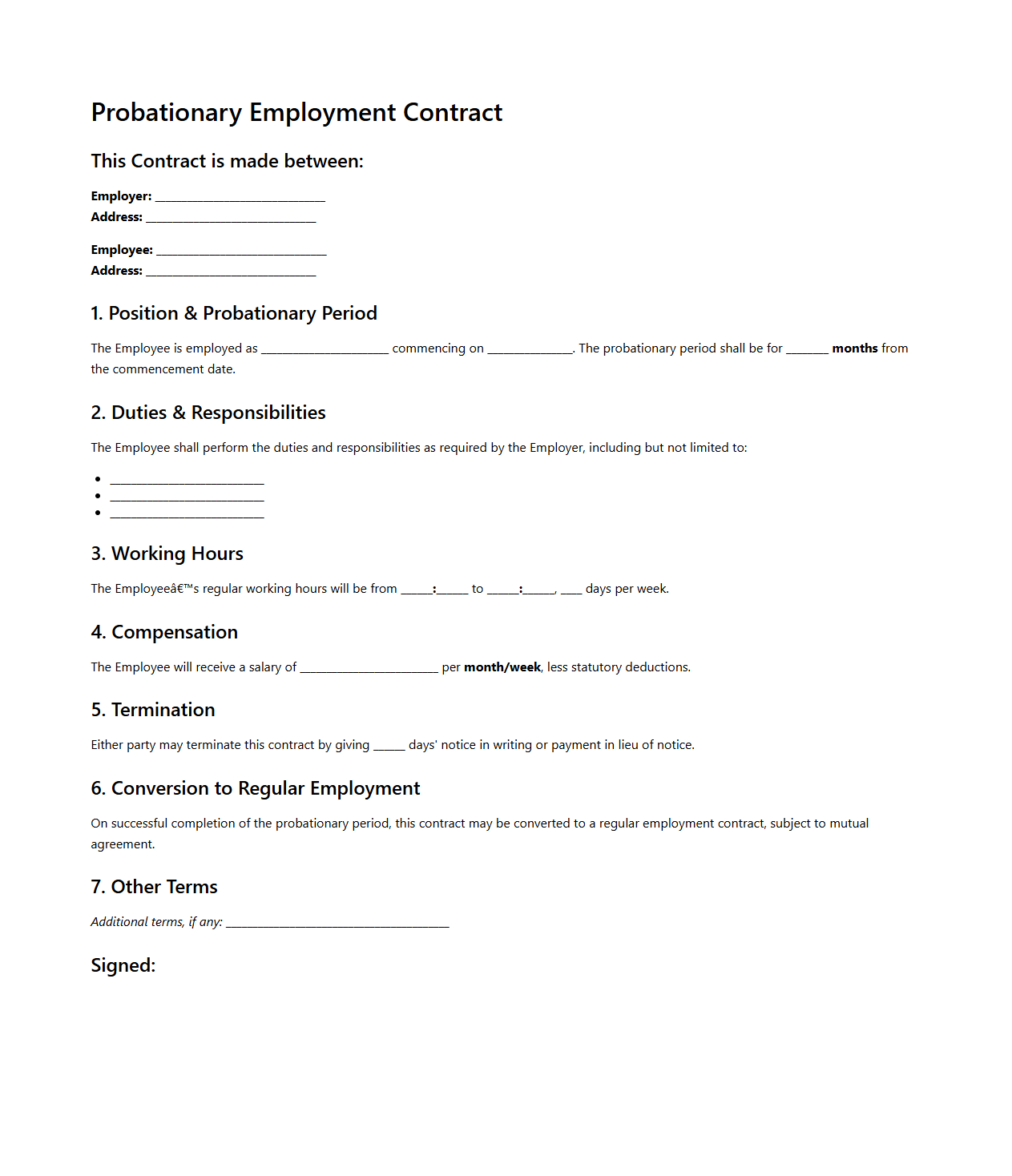 Probationary Employment Contract Template for New Employees
