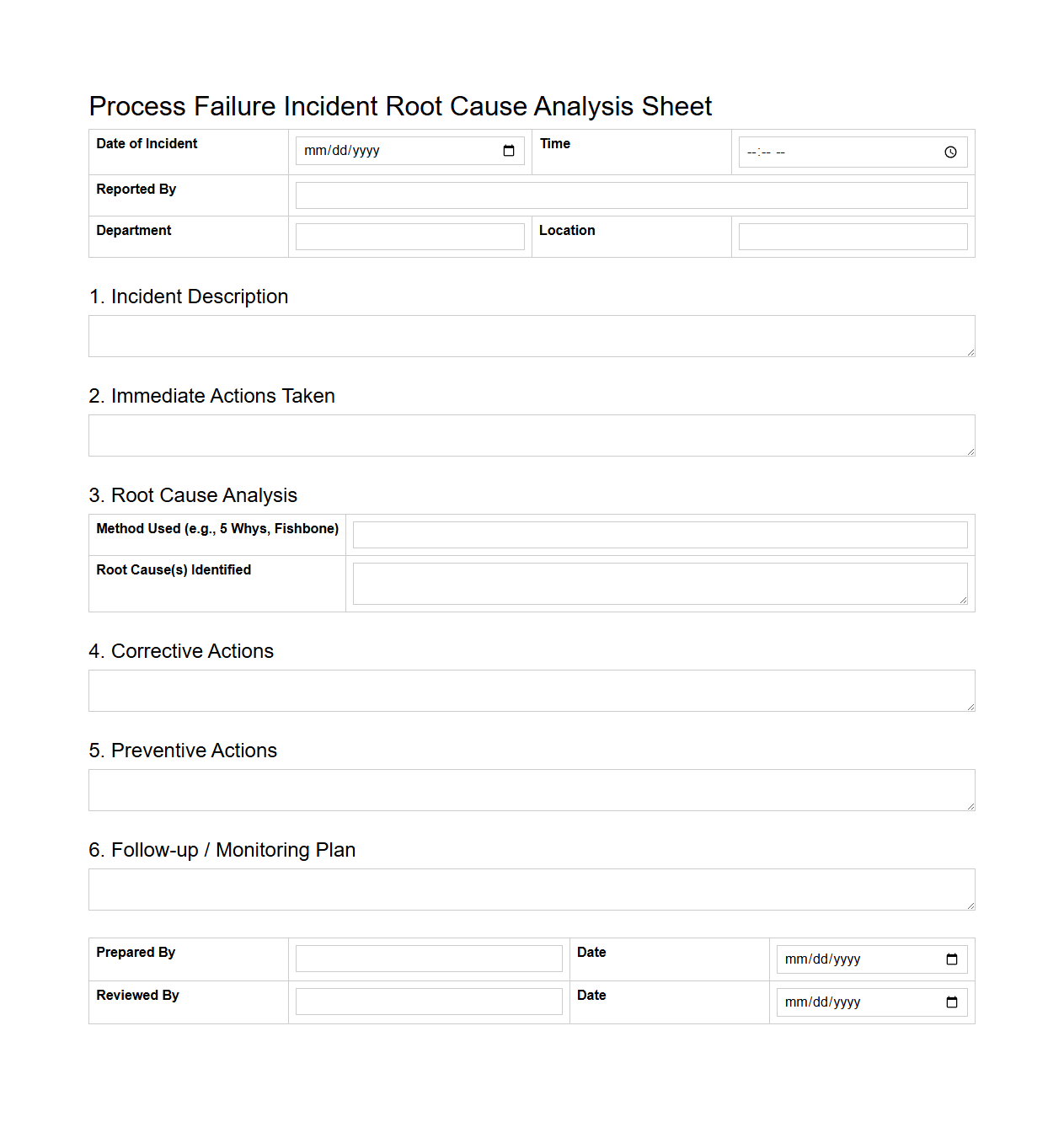 Process Failure Incident Root Cause Analysis Sheet