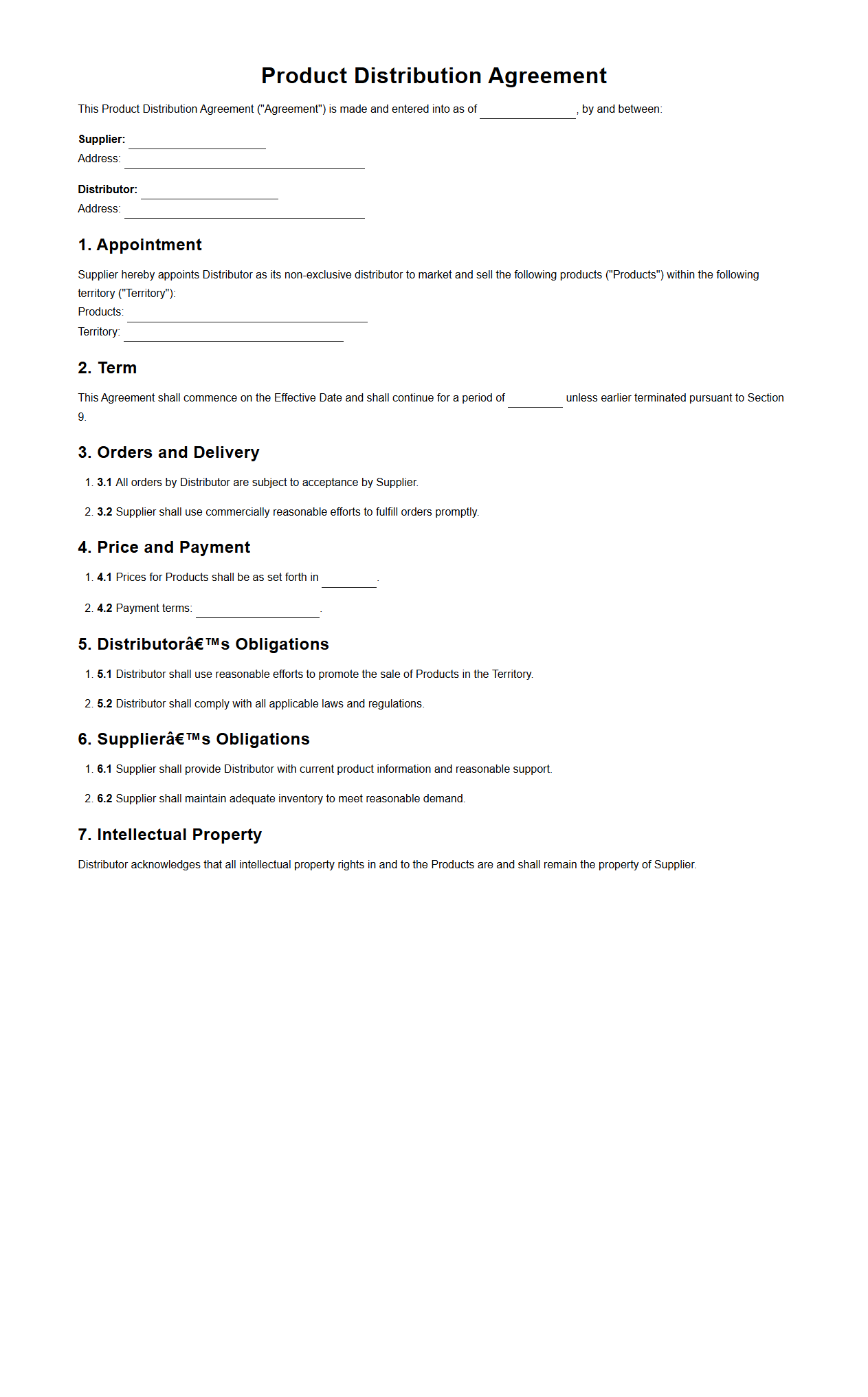 Product Distribution Agreement Draft