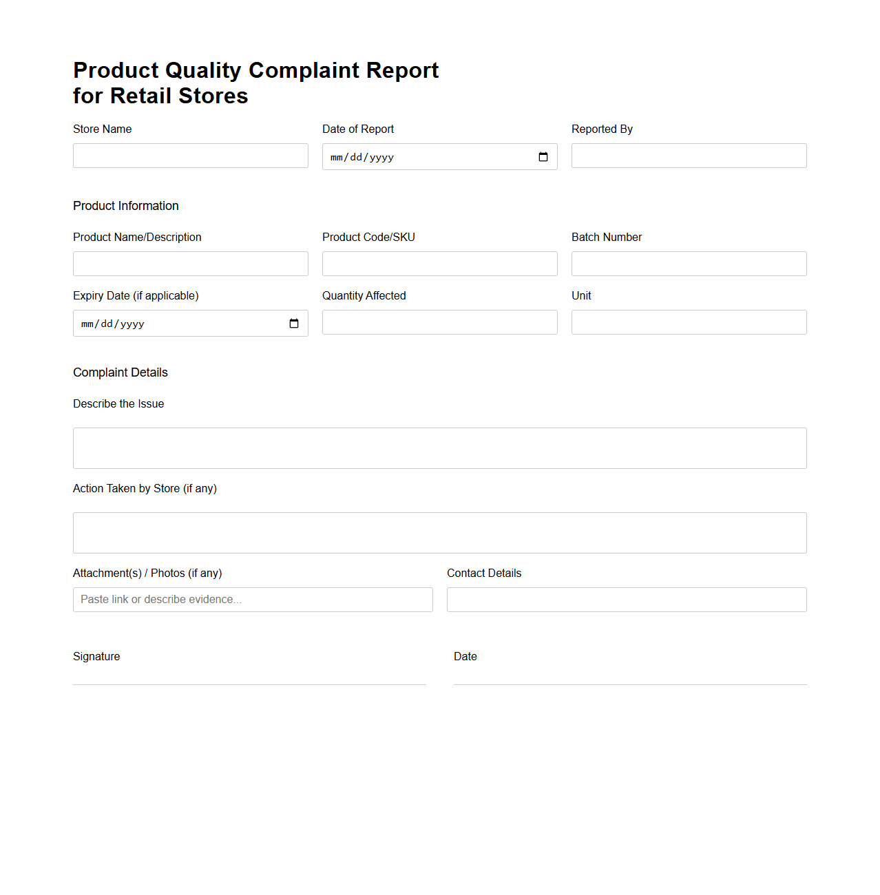 Product Quality Complaint Report for Retail Stores