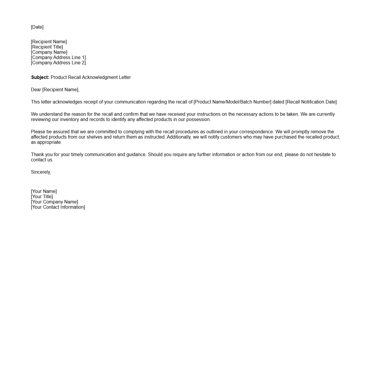 Product Recall Acknowledgment Letter Example