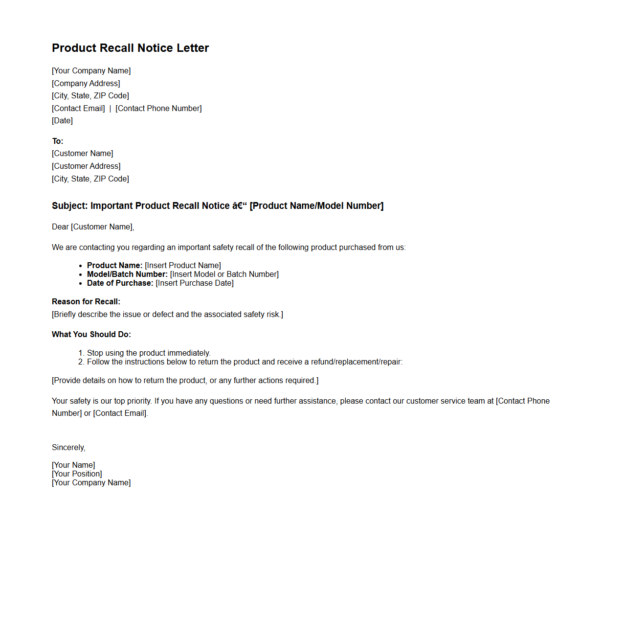 Product Recall Notice Letter Template for Consumer Safety