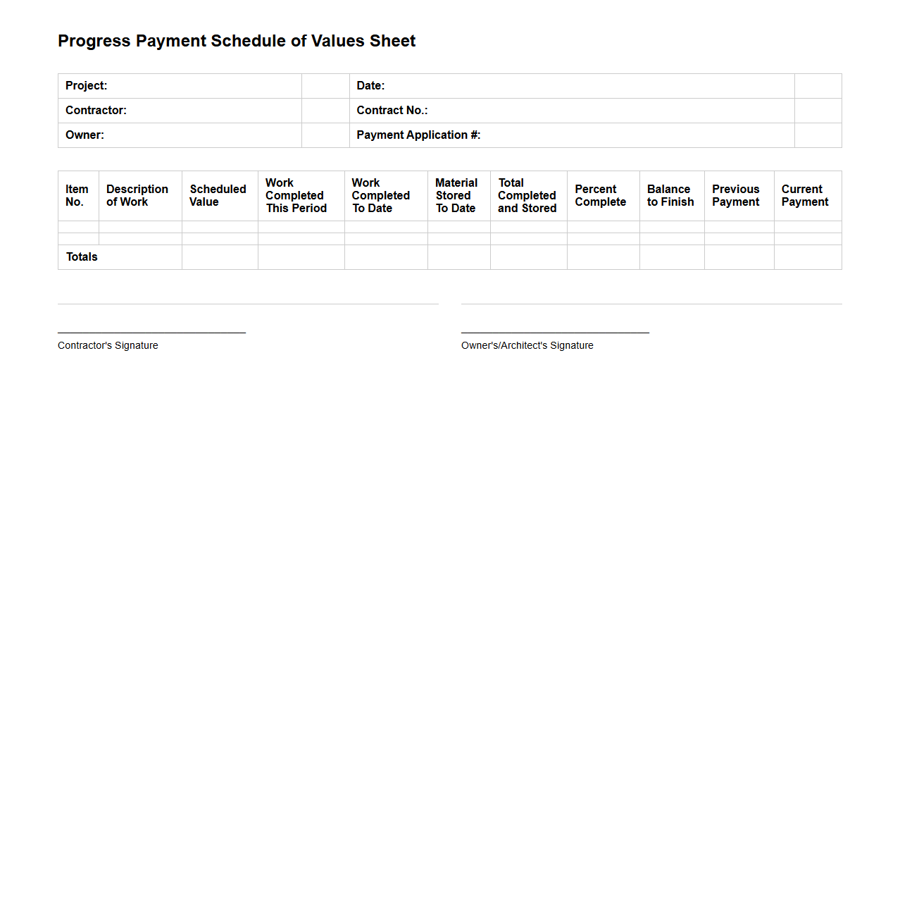 Progress Payment Schedule of Values Sheet
