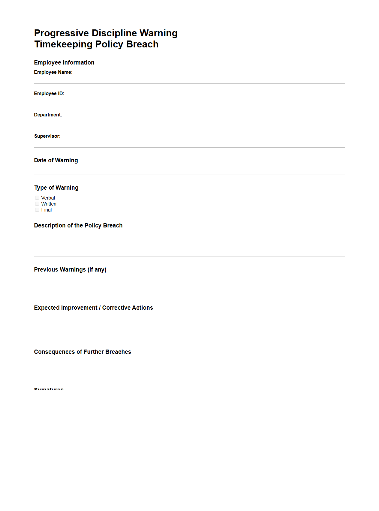 Progressive Discipline Warning for Timekeeping Policy Breach
