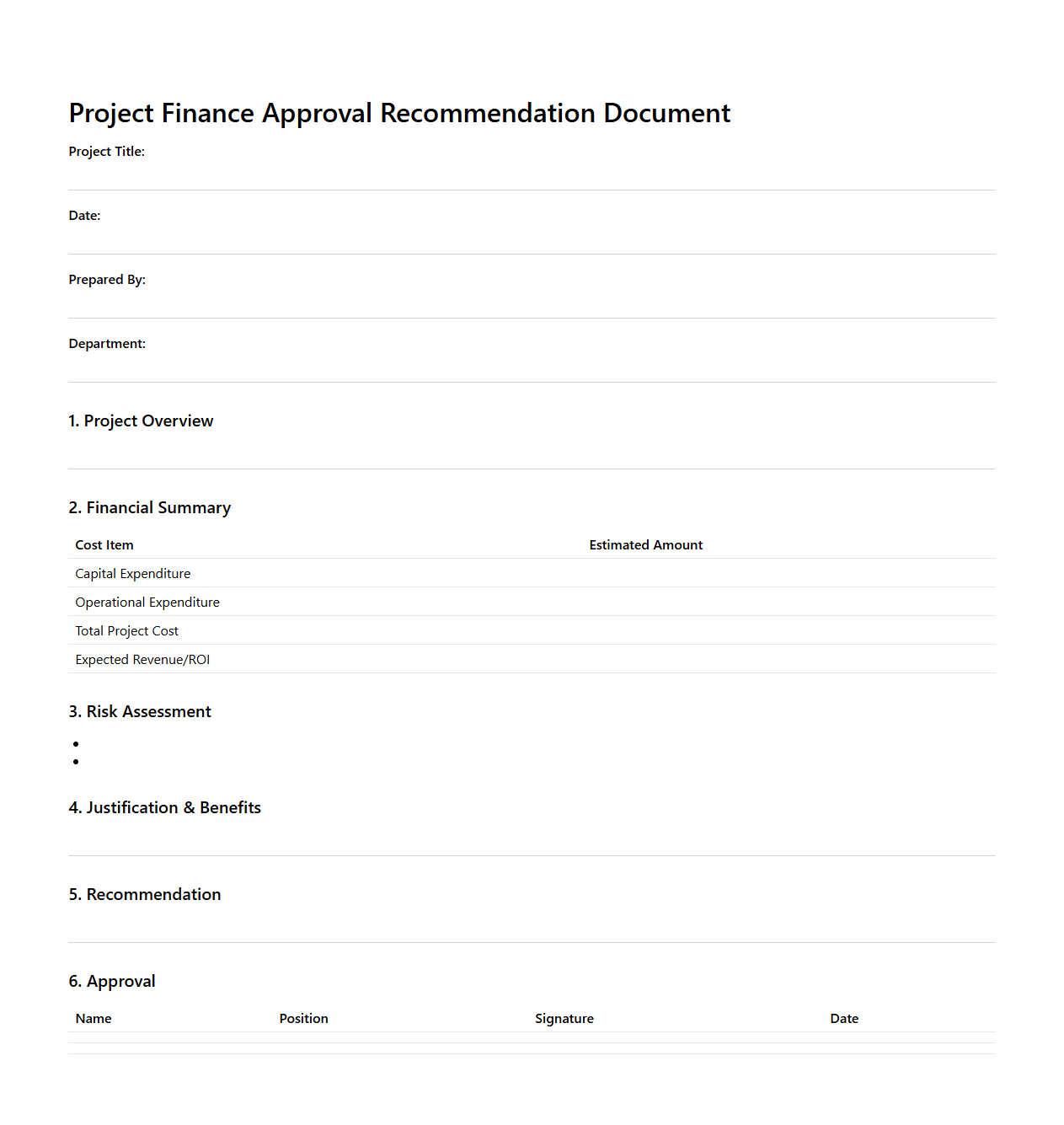 Project Finance Approval Recommendation Document