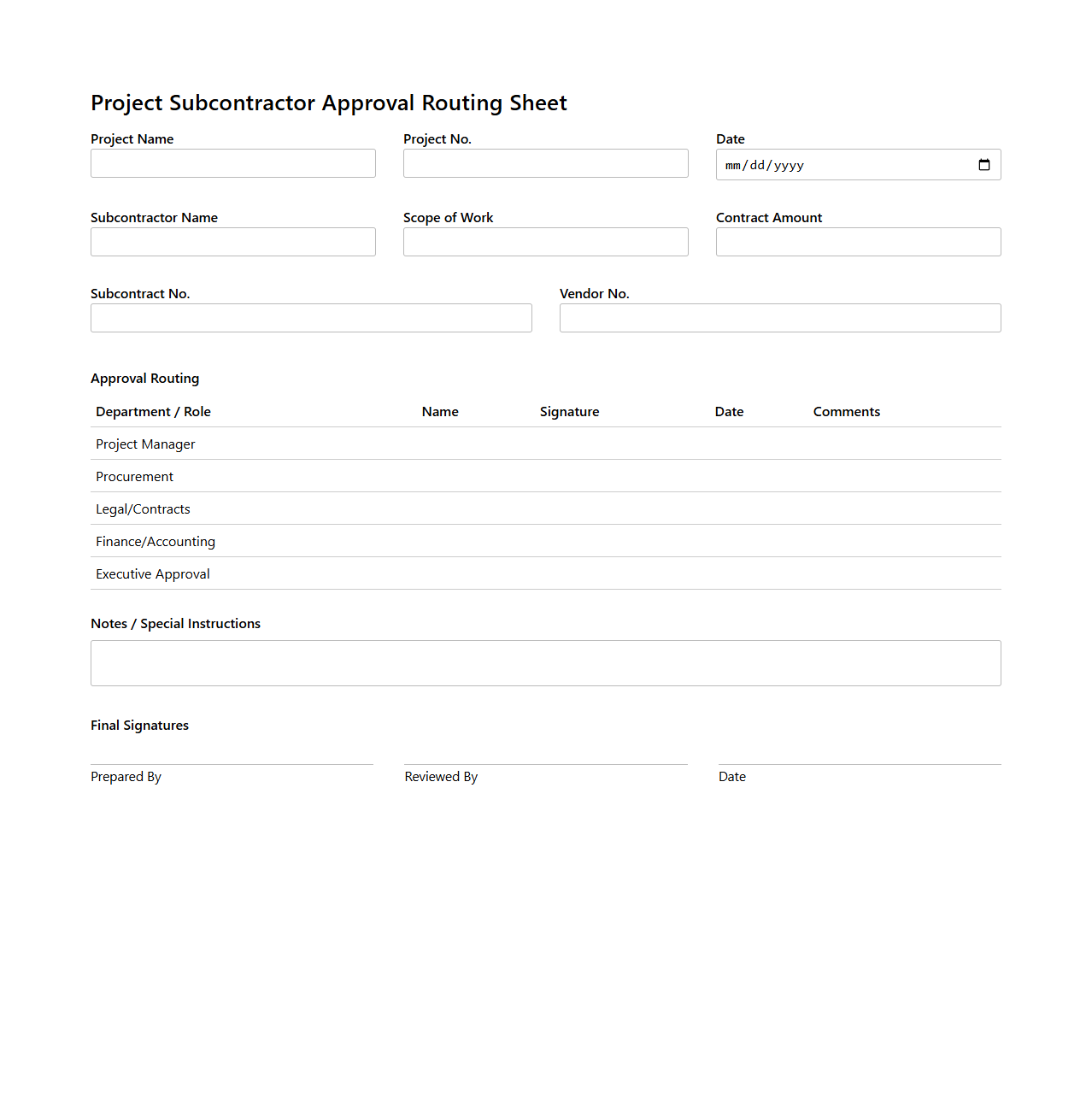 Project Subcontractor Approval Routing Sheet