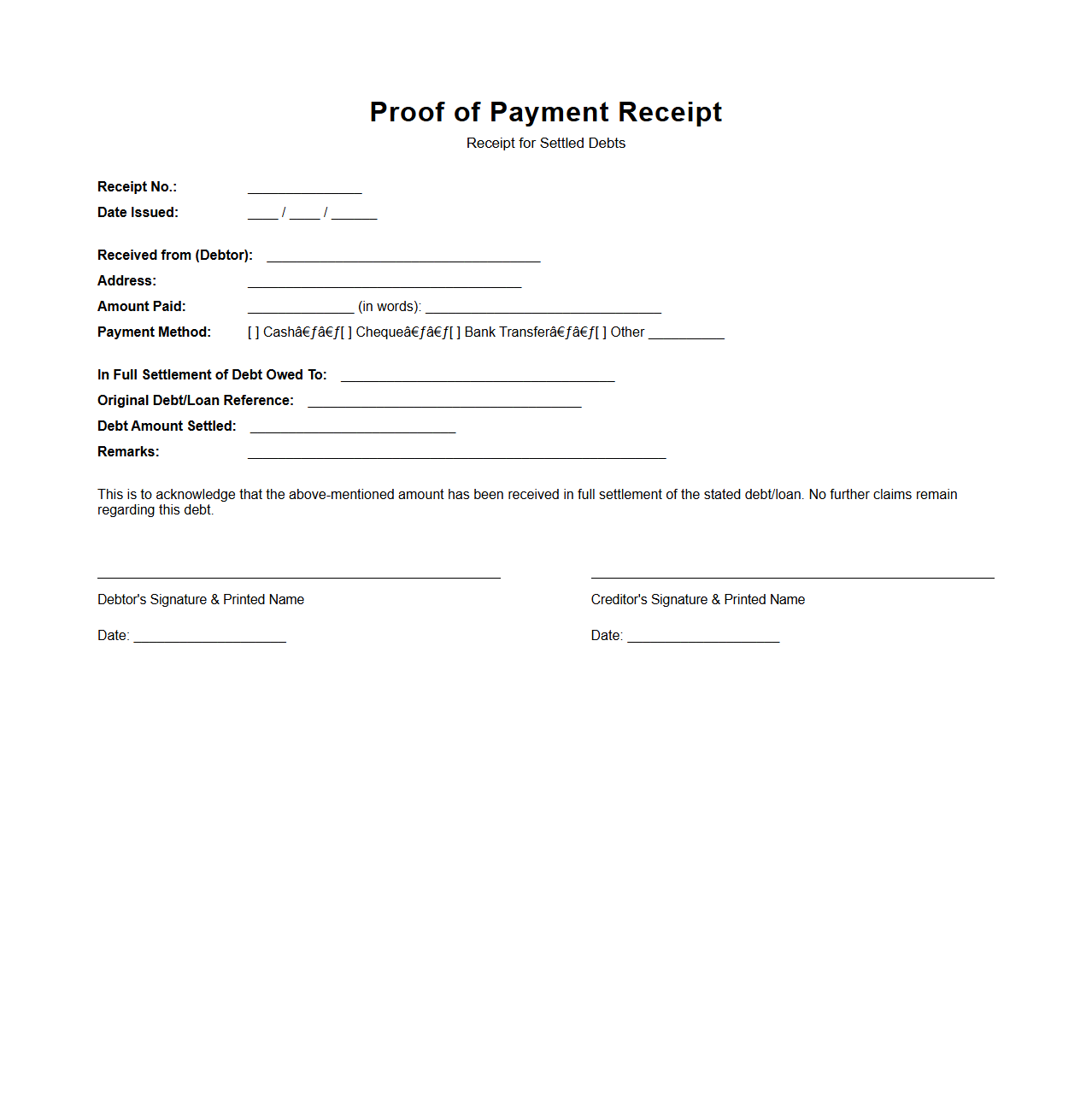 Proof of Payment Receipt for Settled Debts