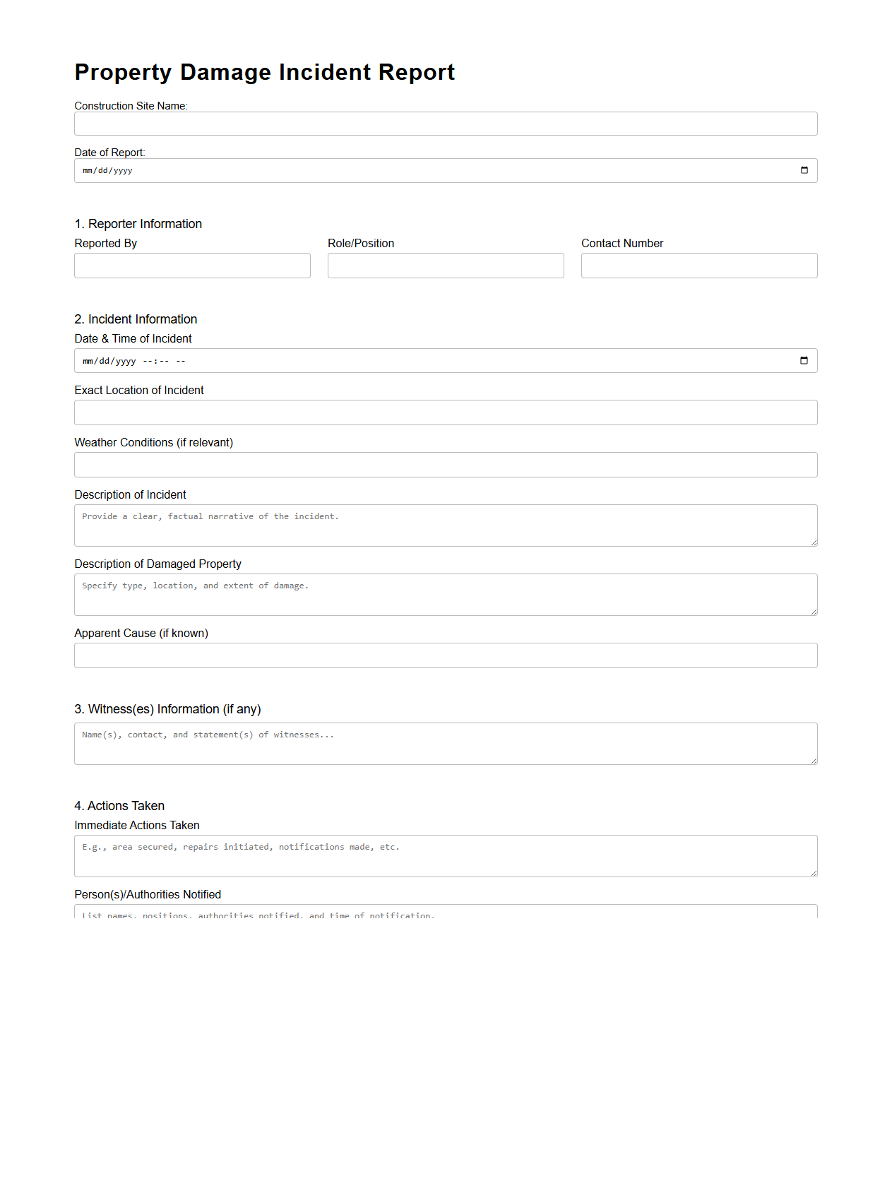 Property Damage Incident Report for Construction Sites