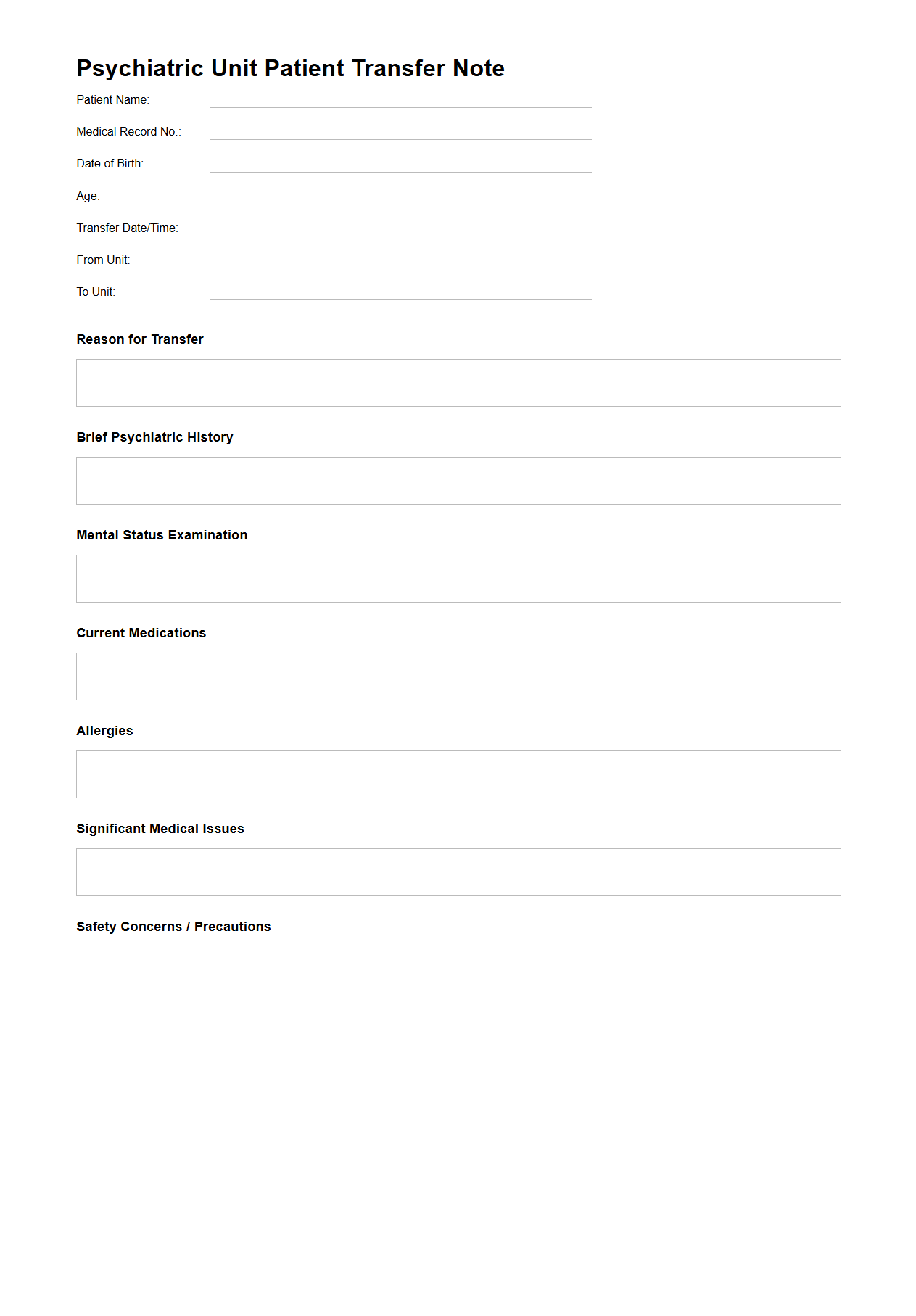 Psychiatric Unit Patient Transfer Note Example