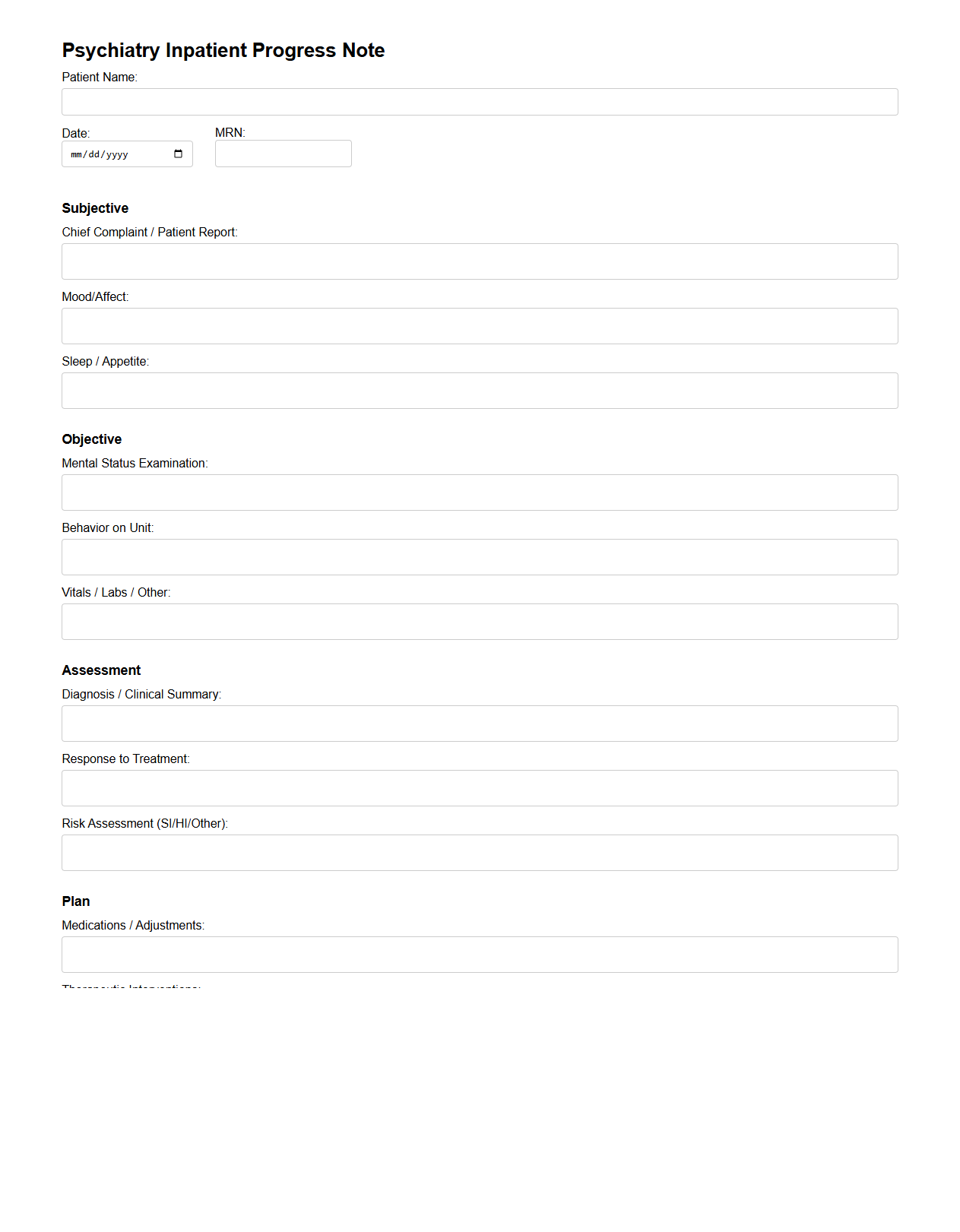 Psychiatry Inpatient Progress Notes Format