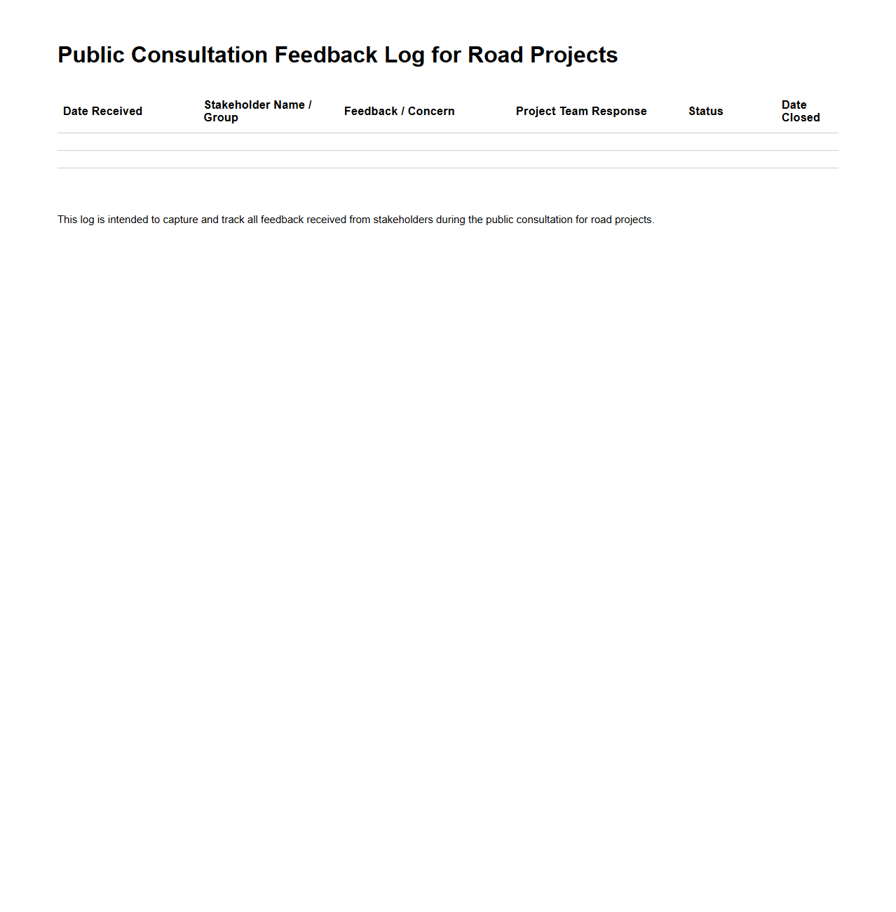 Public Consultation Feedback Log for Road Projects