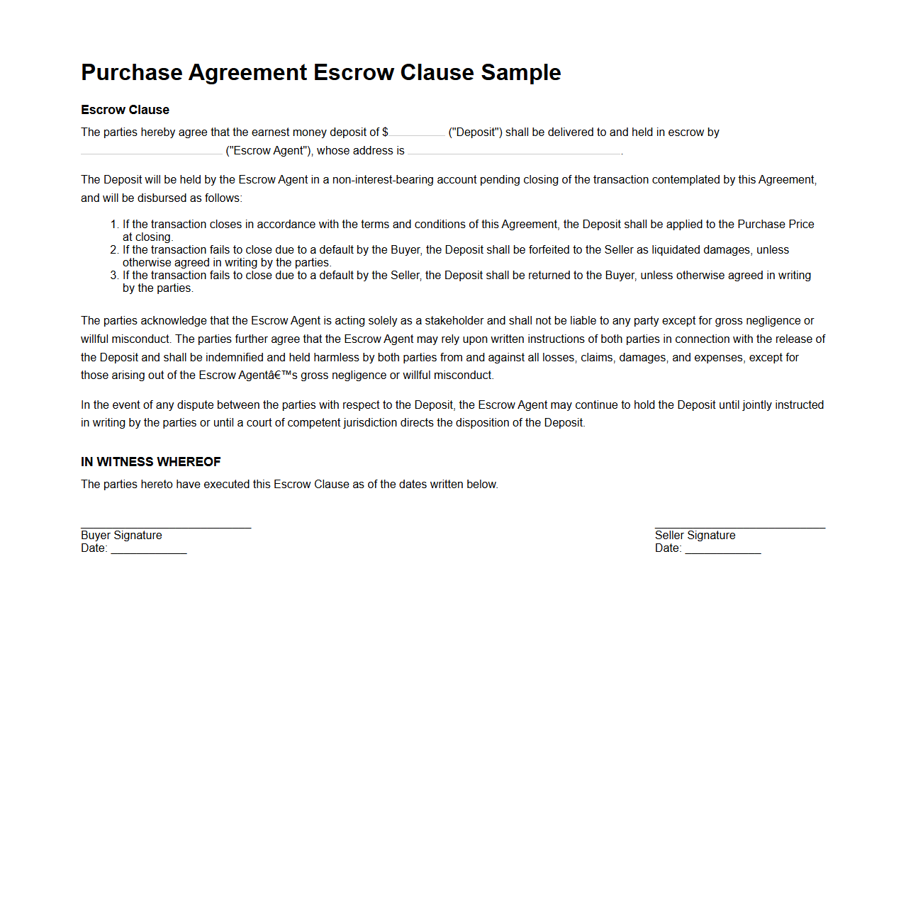 Purchase Agreement Escrow Clause Sample