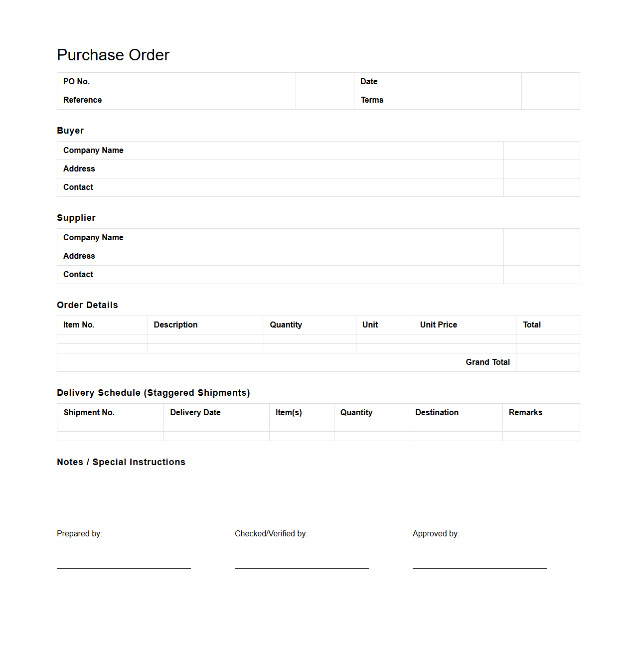 Purchase Order with Delivery Schedule for Staggered Shipments