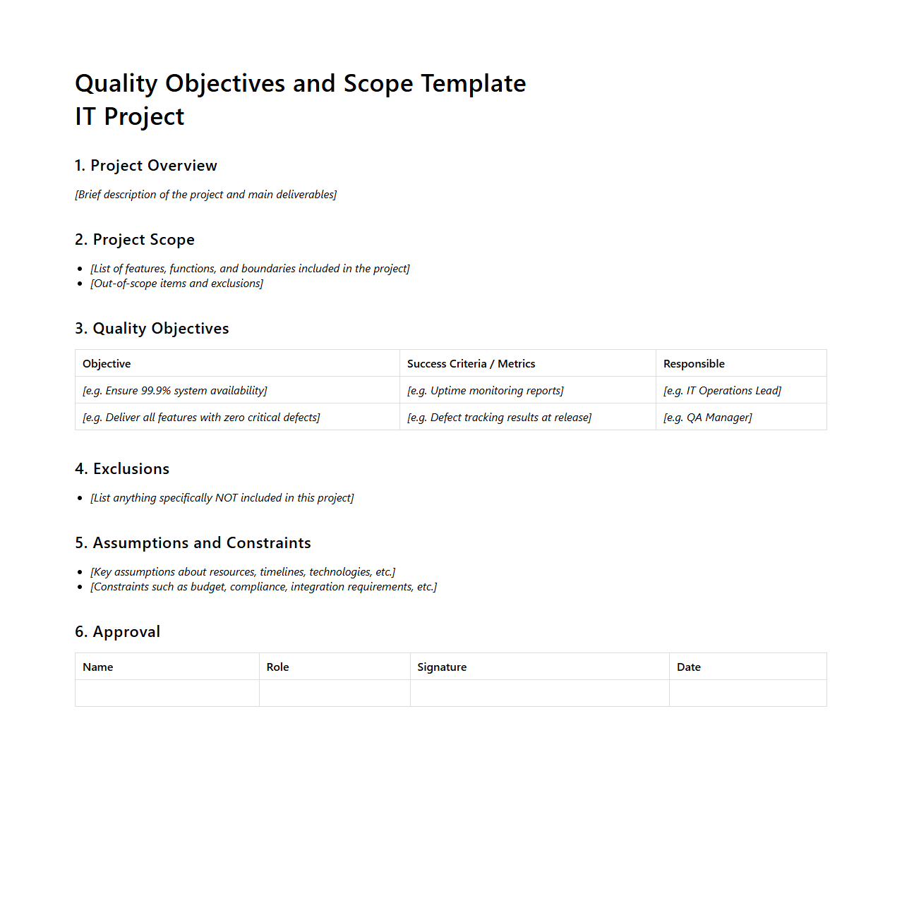 Quality Objectives and Scope Template for IT Projects