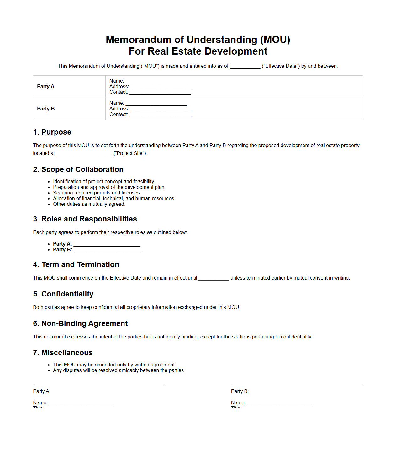 Real Estate Development Memorandum of Understanding Sample