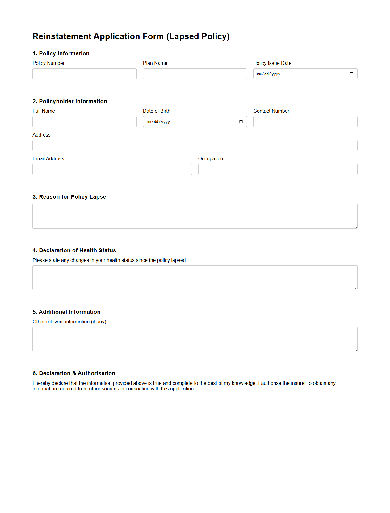 Reinstatement Application Form Template for Lapsed Policy