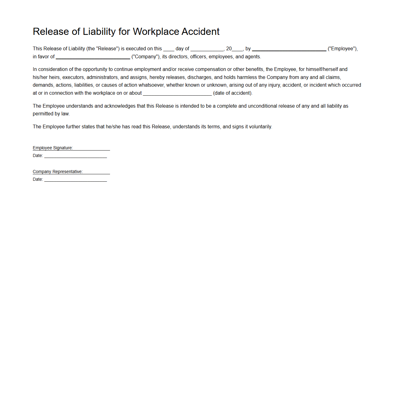 Release of Liability for Workplace Accident