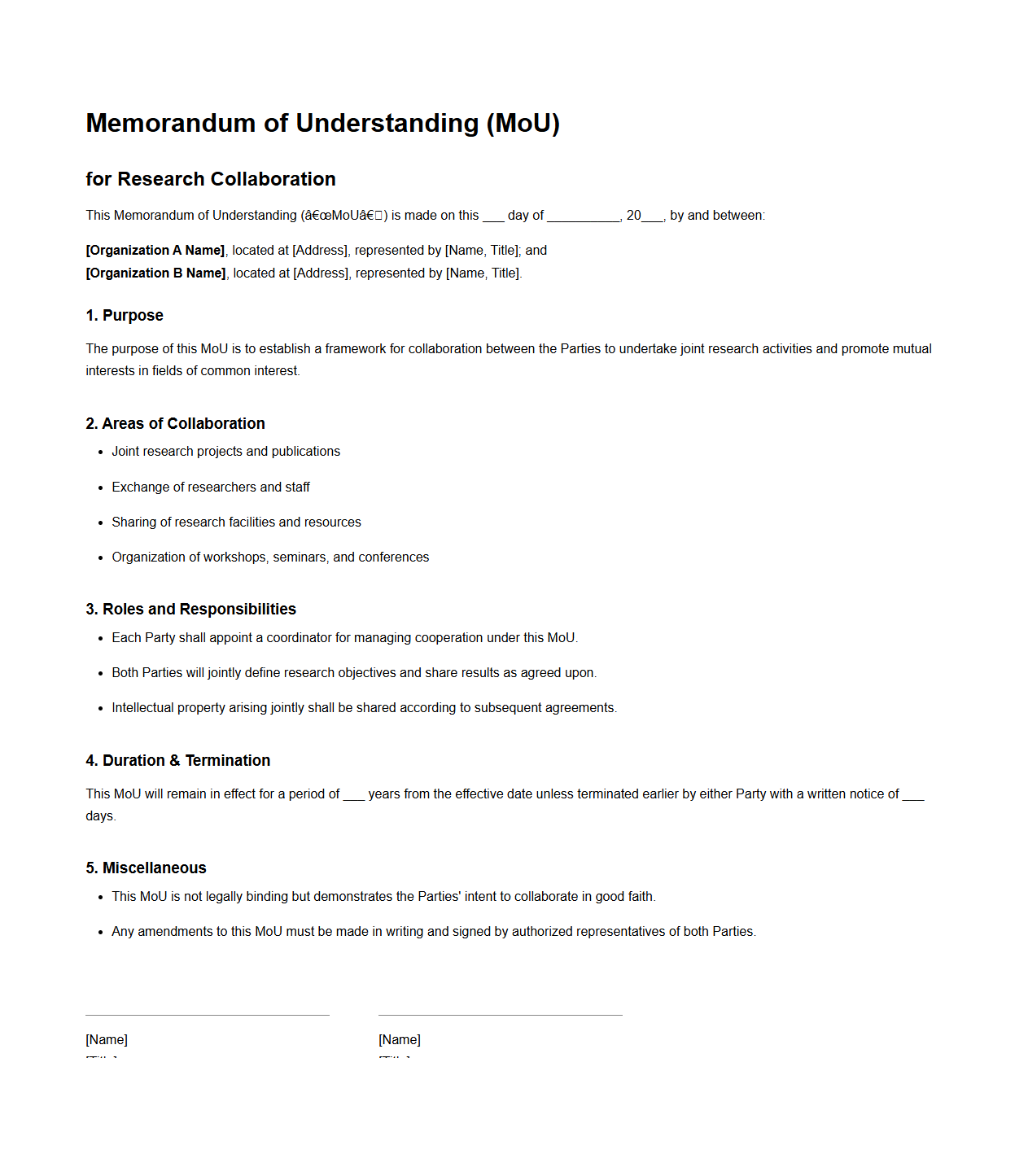 Research Collaboration MOU Sample for Organizations