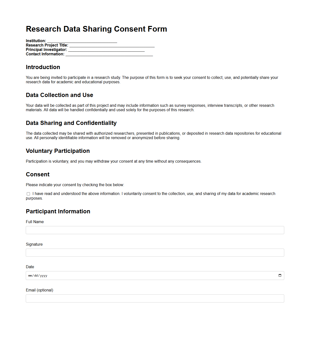 Research Data Sharing Consent Form for Educational Institutions