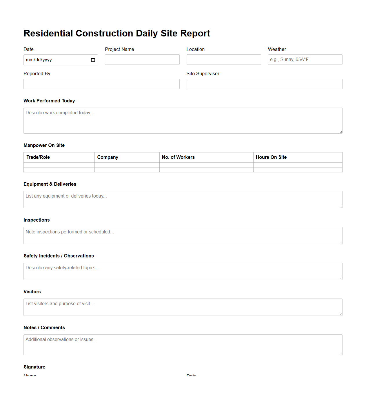 Residential Construction Daily Site Report