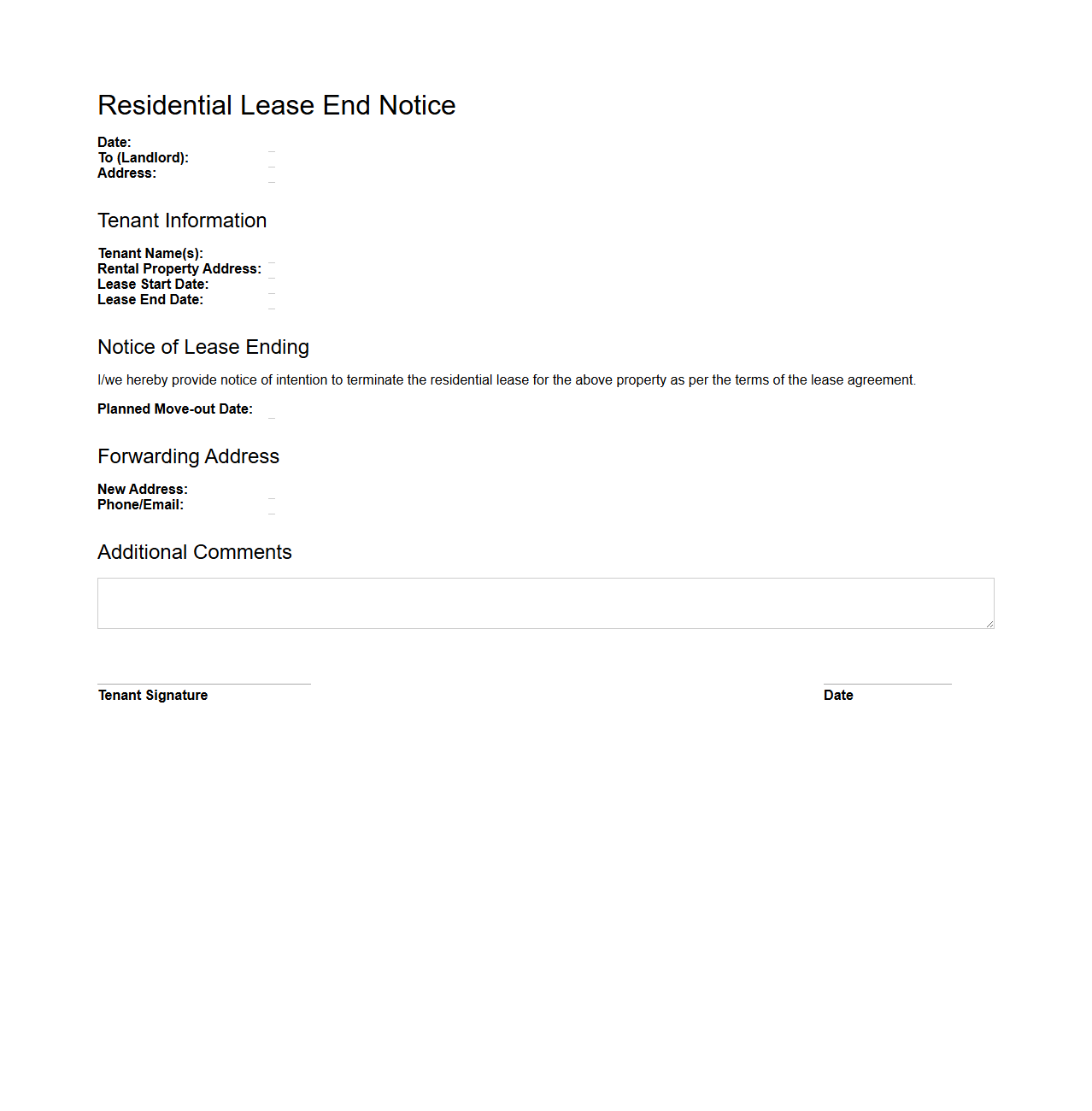 Residential Lease End Notice Standard Form