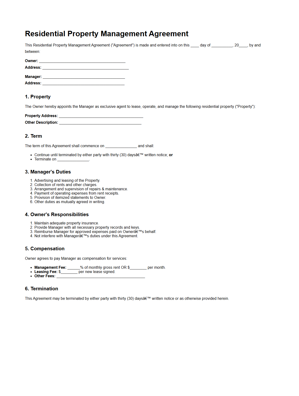 Residential Property Management Agreement Template