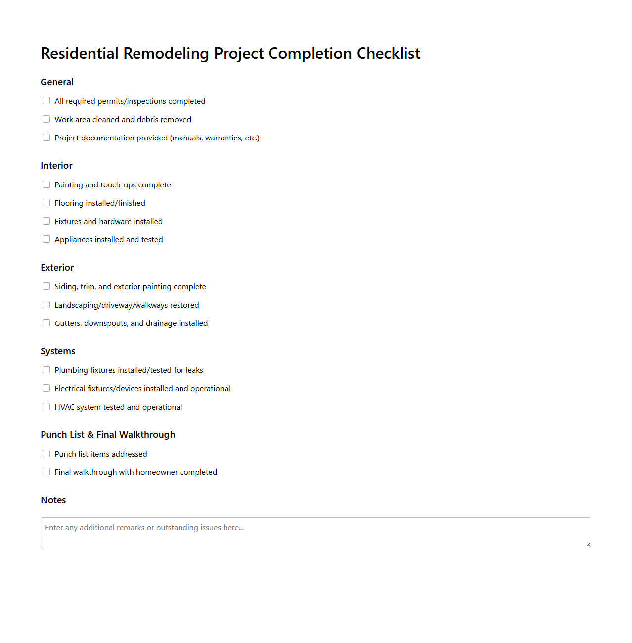 Residential Remodeling Project Completion Checklist