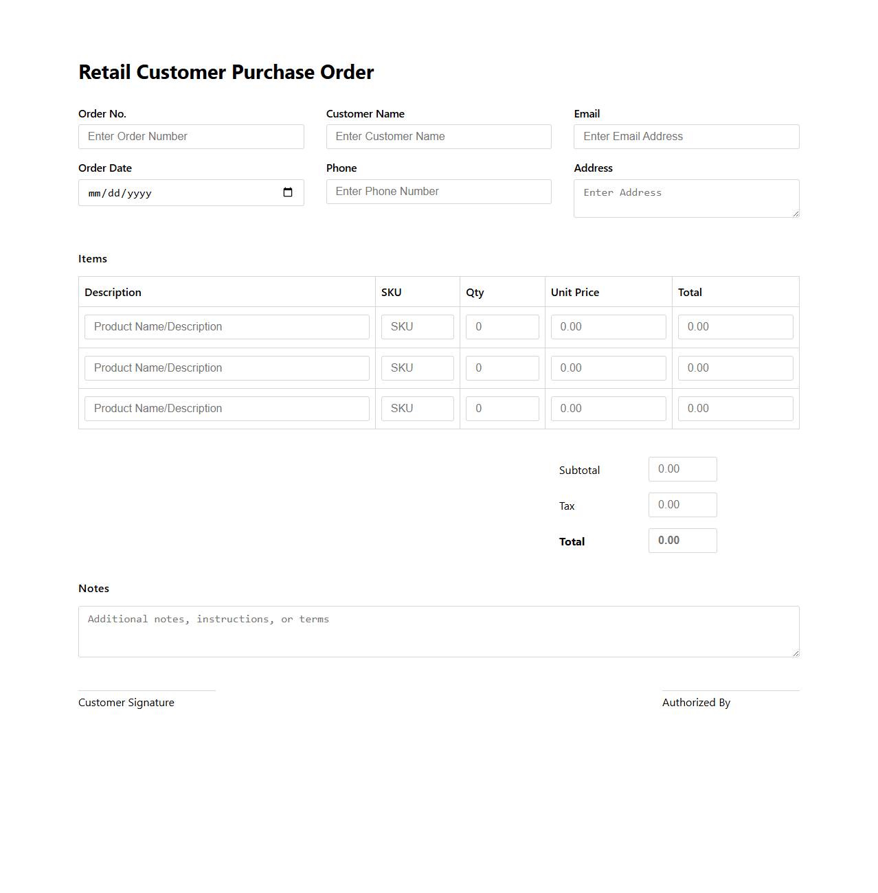 Retail Customer Purchase Order Template