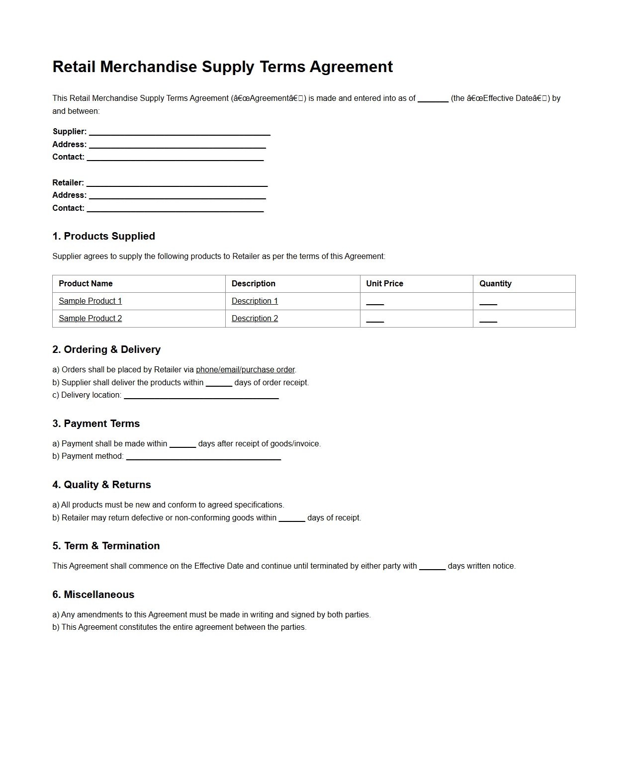 Retail Merchandise Supply Terms Agreement Format