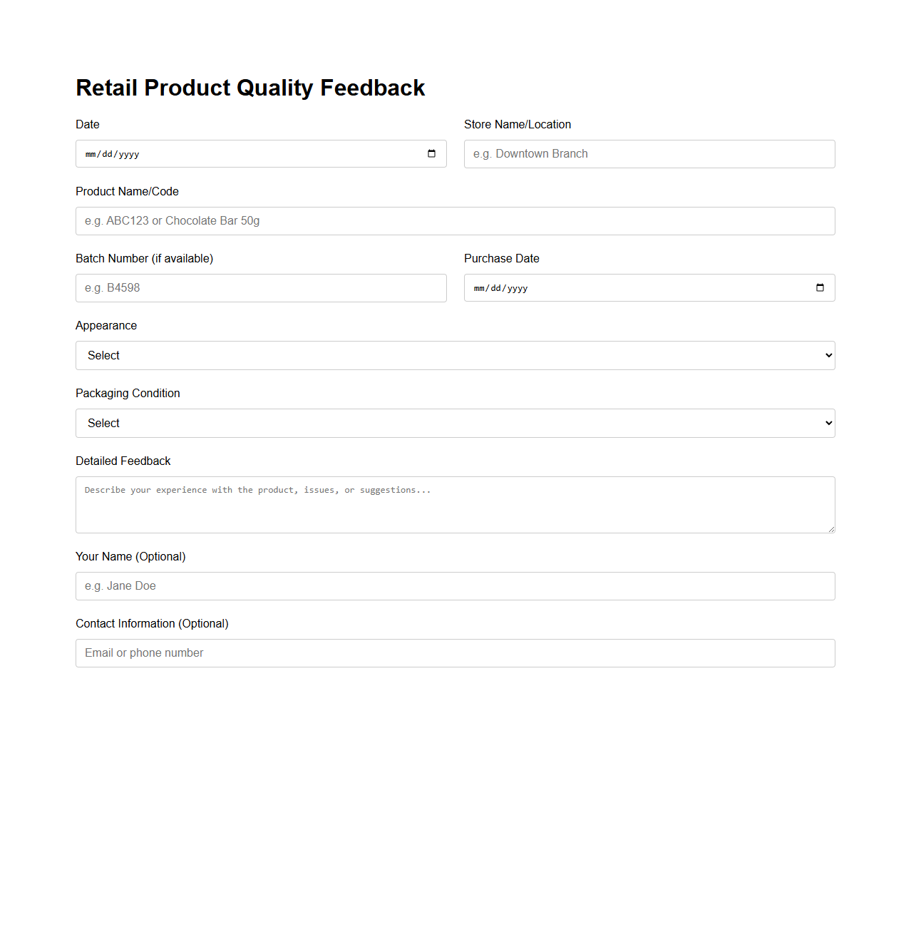 Retail Product Quality Feedback Template