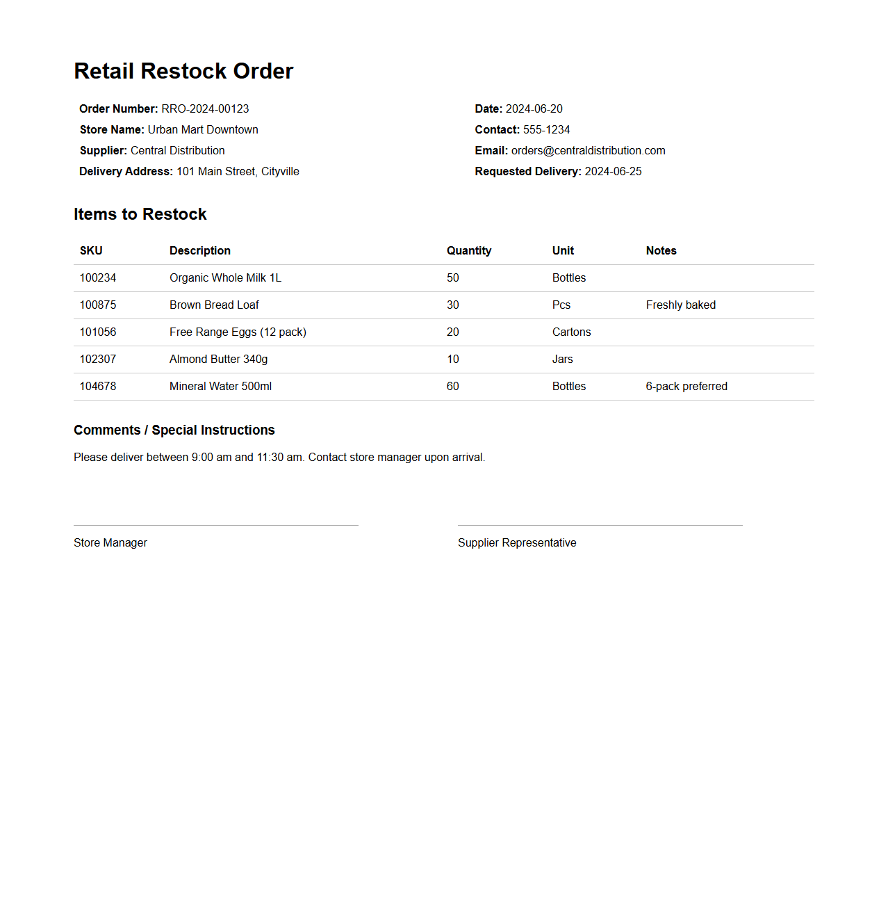 Retail Restock Order Sample Document