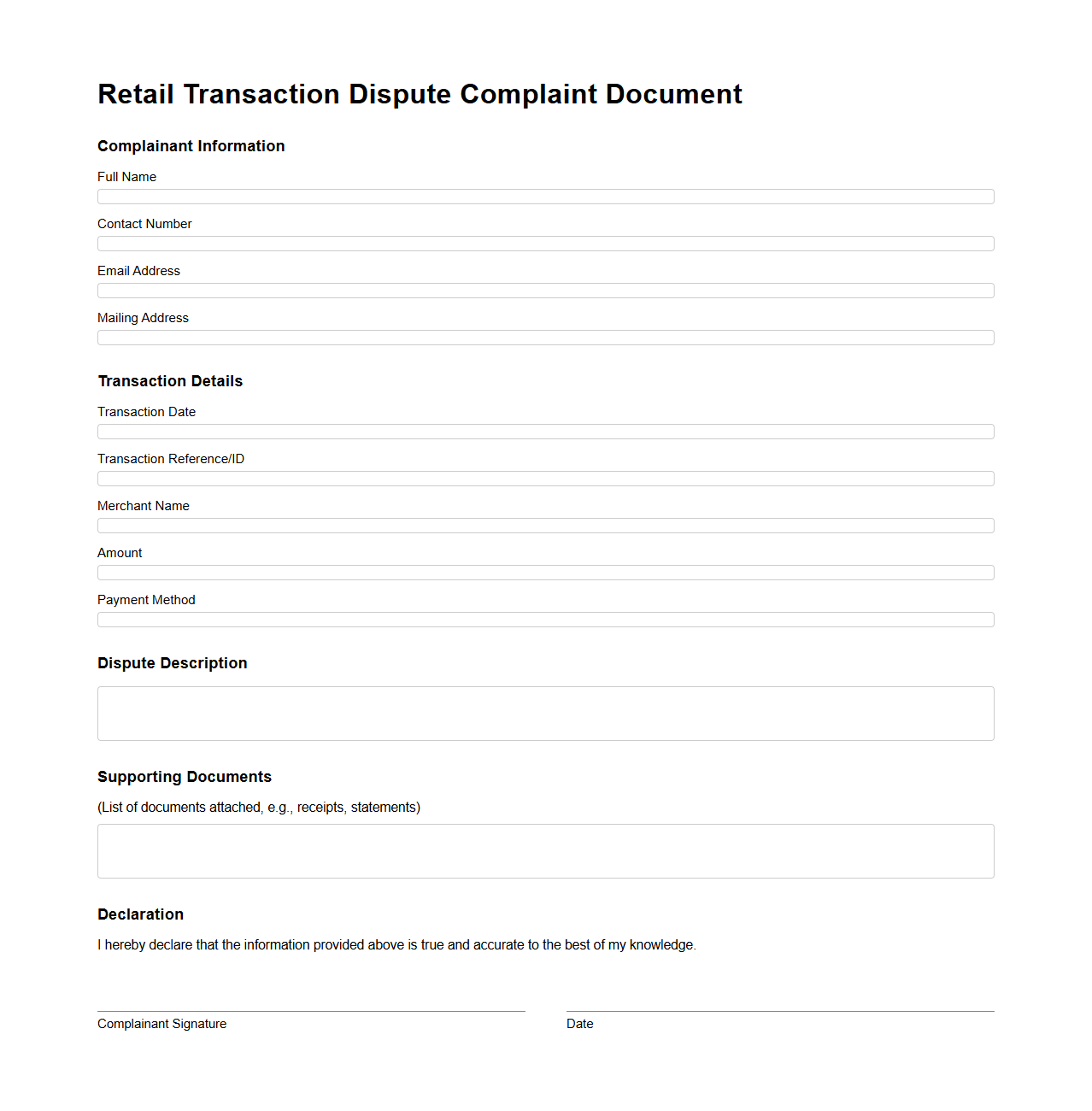 Retail Transaction Dispute Complaint Document