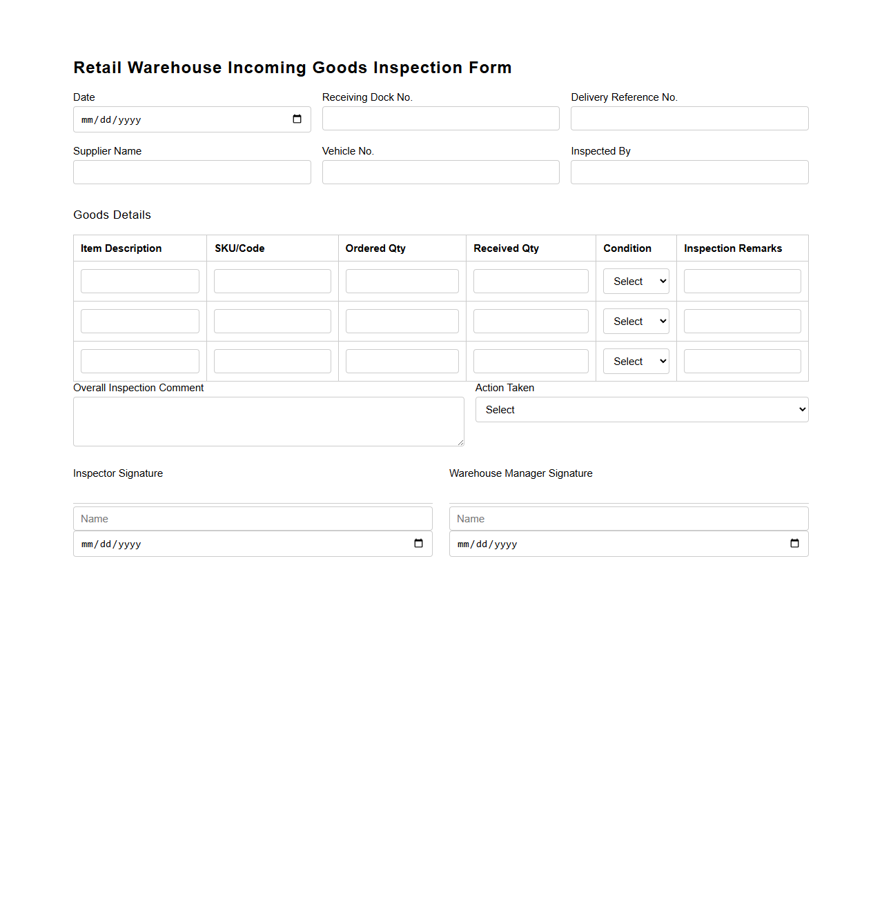 Retail Warehouse Incoming Goods Inspection Form