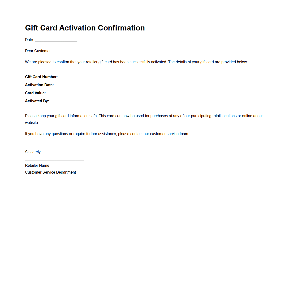 Retailer Gift Card Activation Confirmation Letter