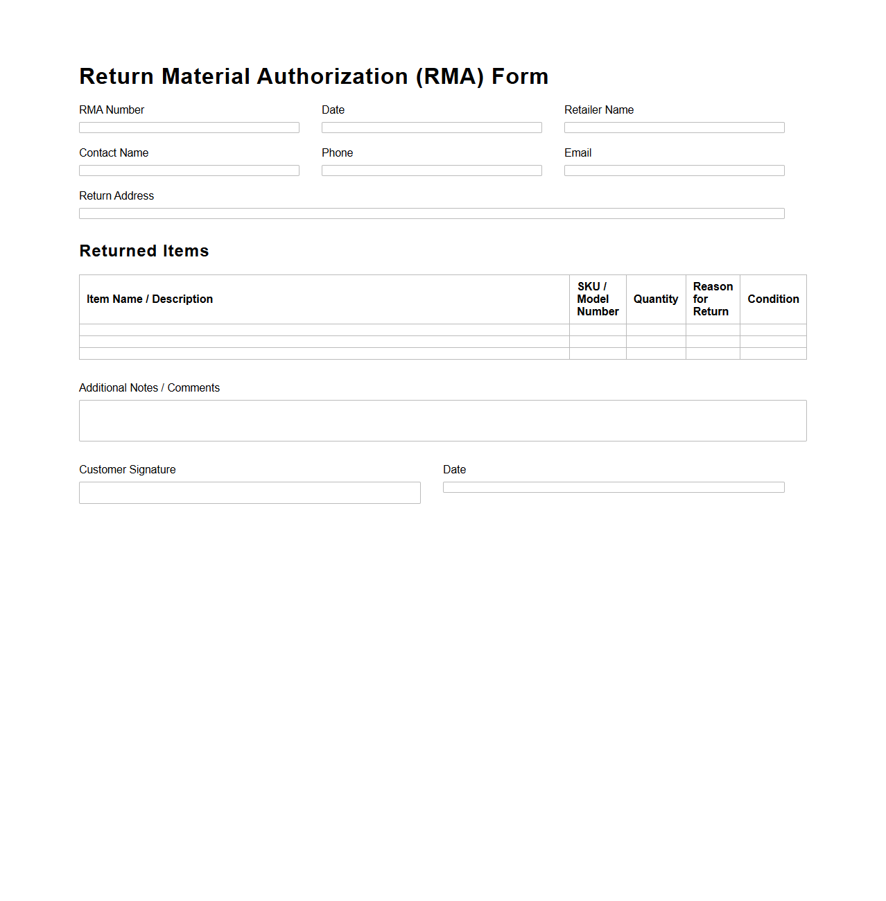 Return Material Authorization (RMA) Template for Retail