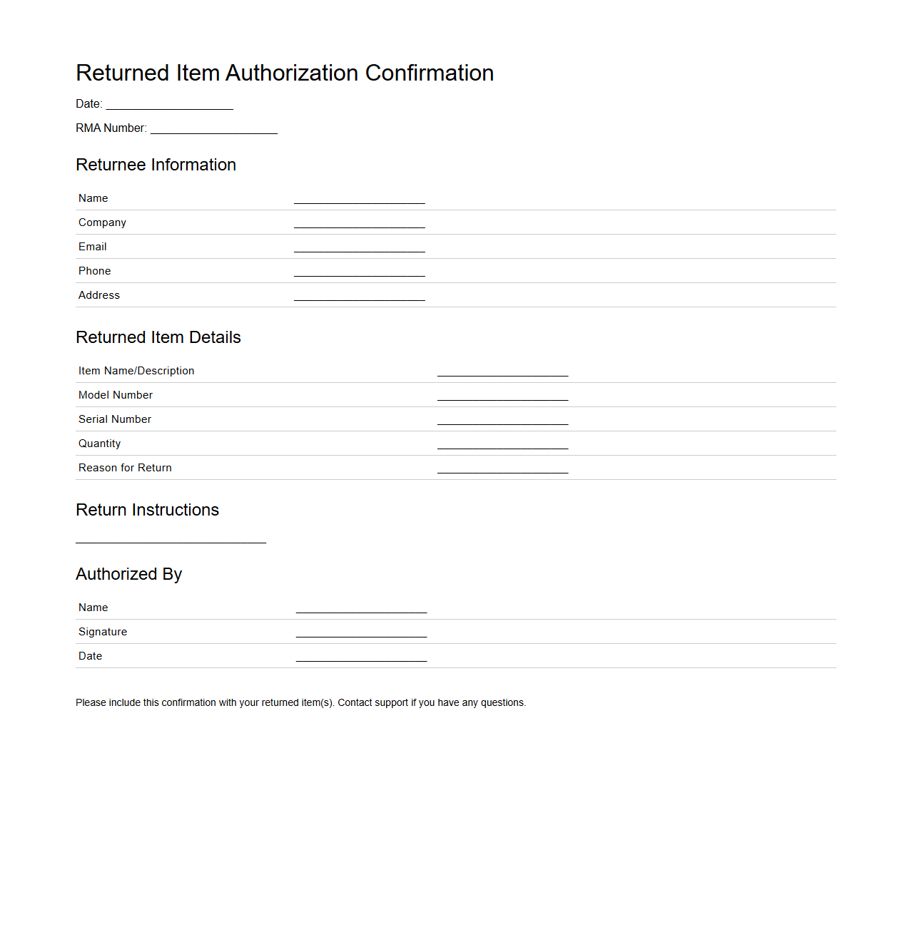 Returned Item Authorization Confirmation Template