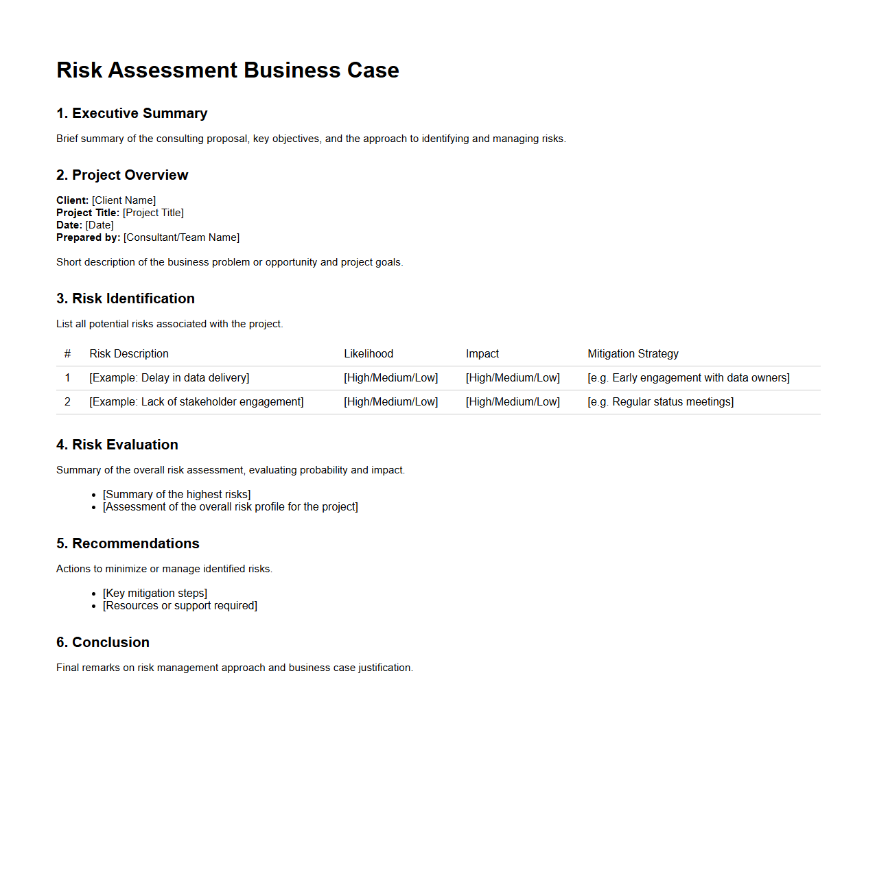 Risk Assessment Business Case for Consulting Proposals