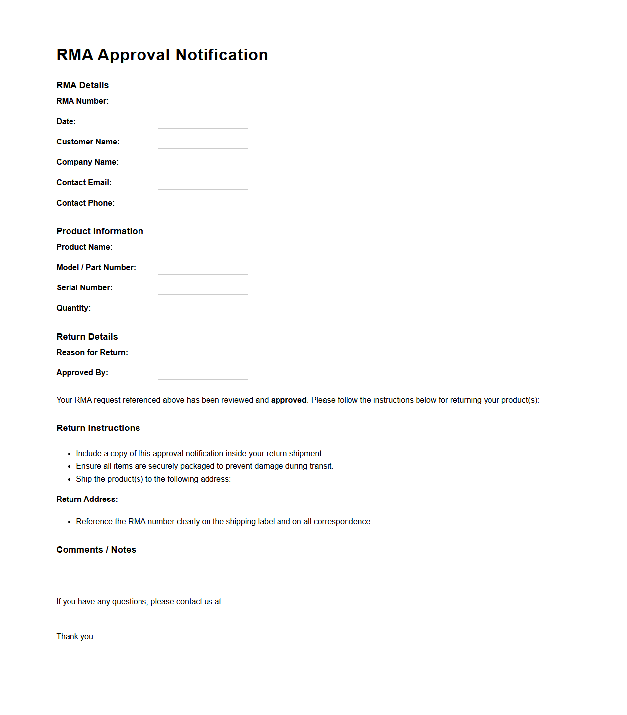 RMA Approval Notification Document Template