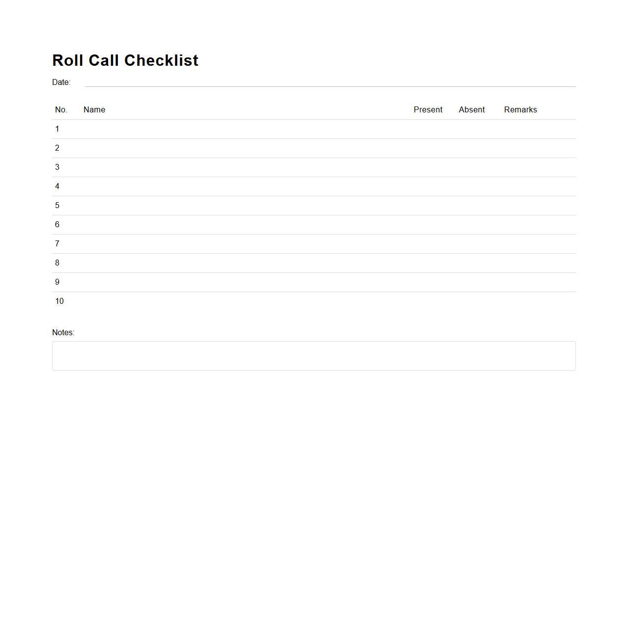 Roll Call Checklist for Teachers