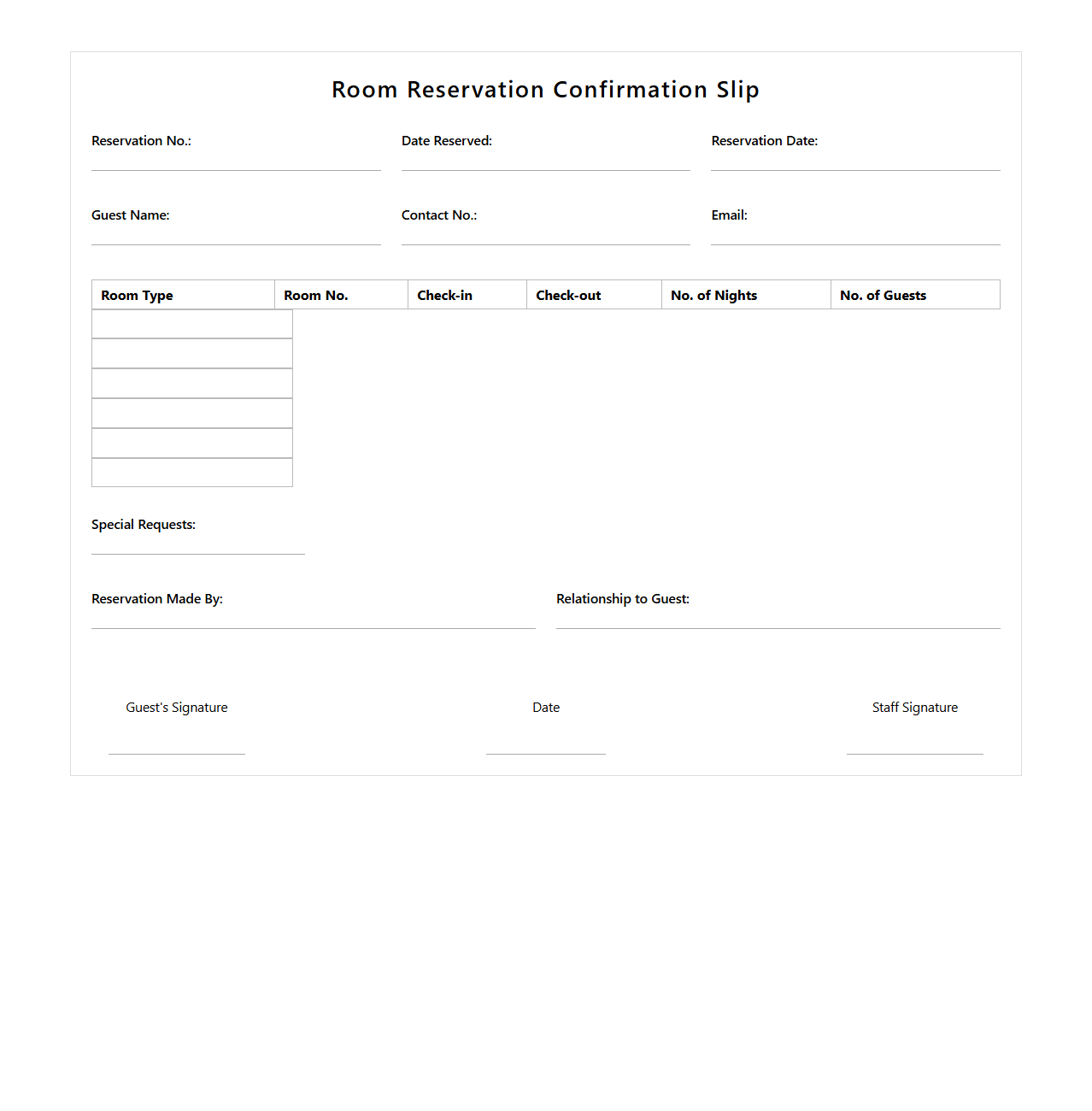 Room Reservation Confirmation Slip