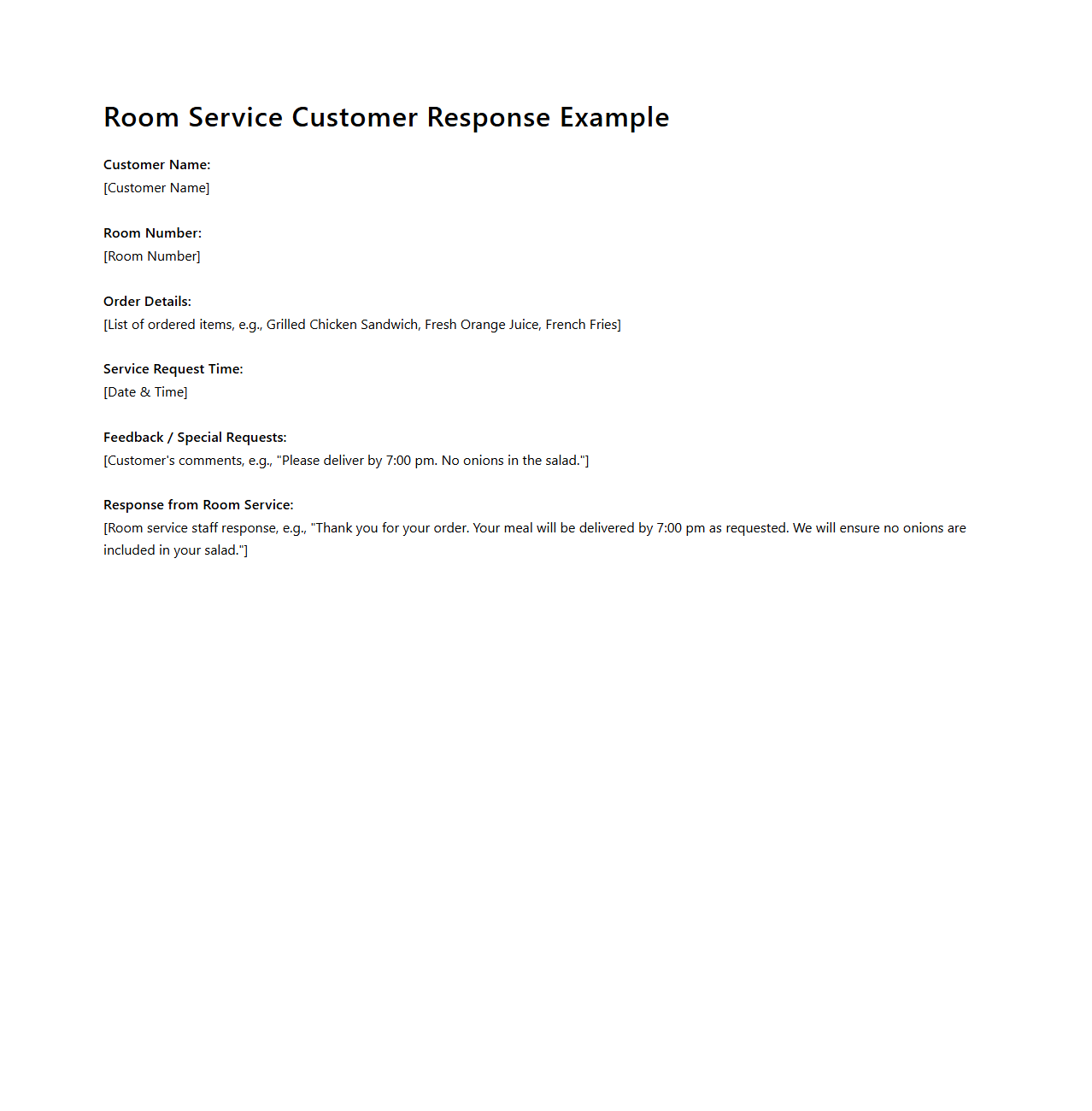 Room Service Customer Response Example
