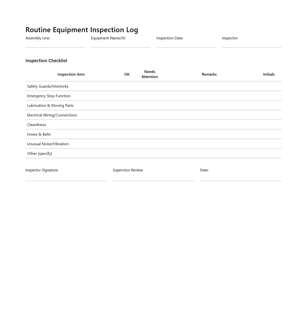 Routine Equipment Inspection Log for Assembly Lines