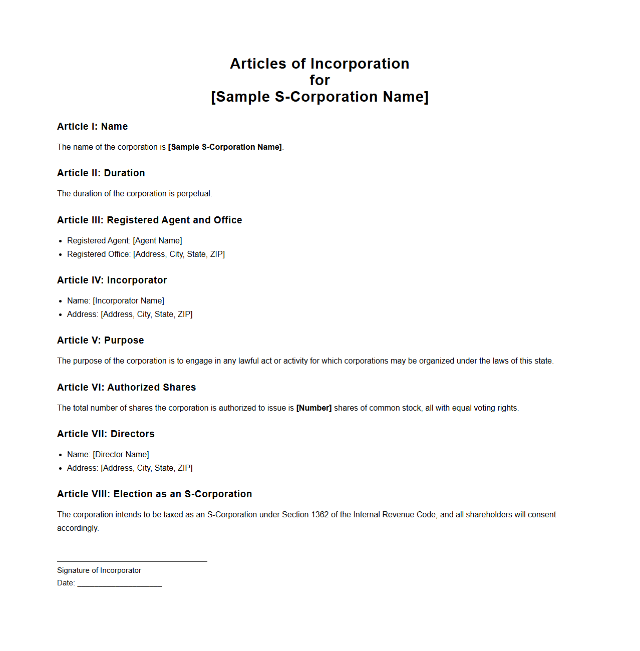 S-Corporation Articles of Incorporation Sample Document