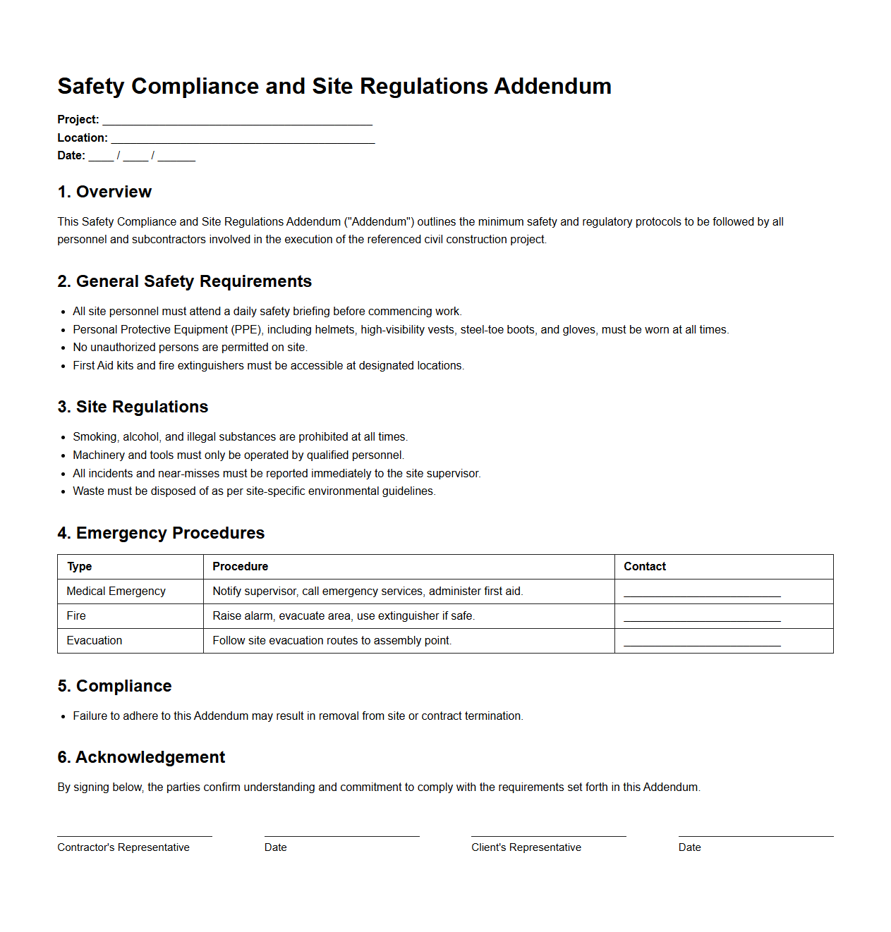 Safety Compliance and Site Regulations Addendum for Civil Construction