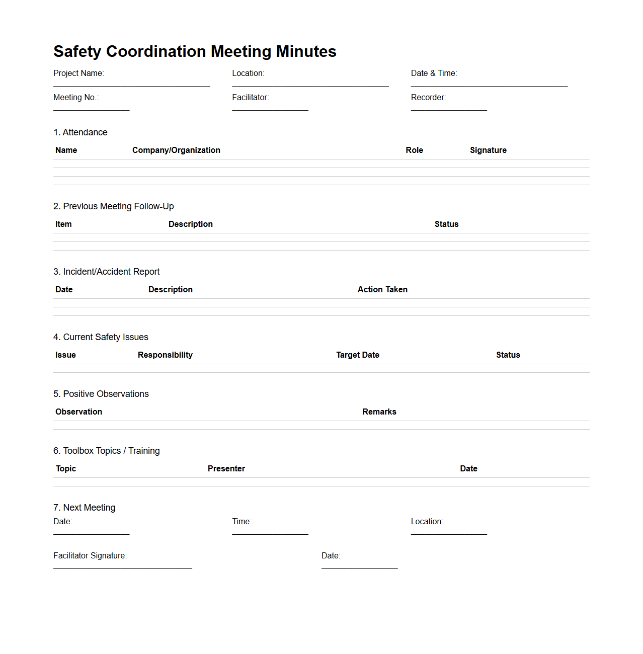 Safety Coordination Meeting Minutes Format for Construction