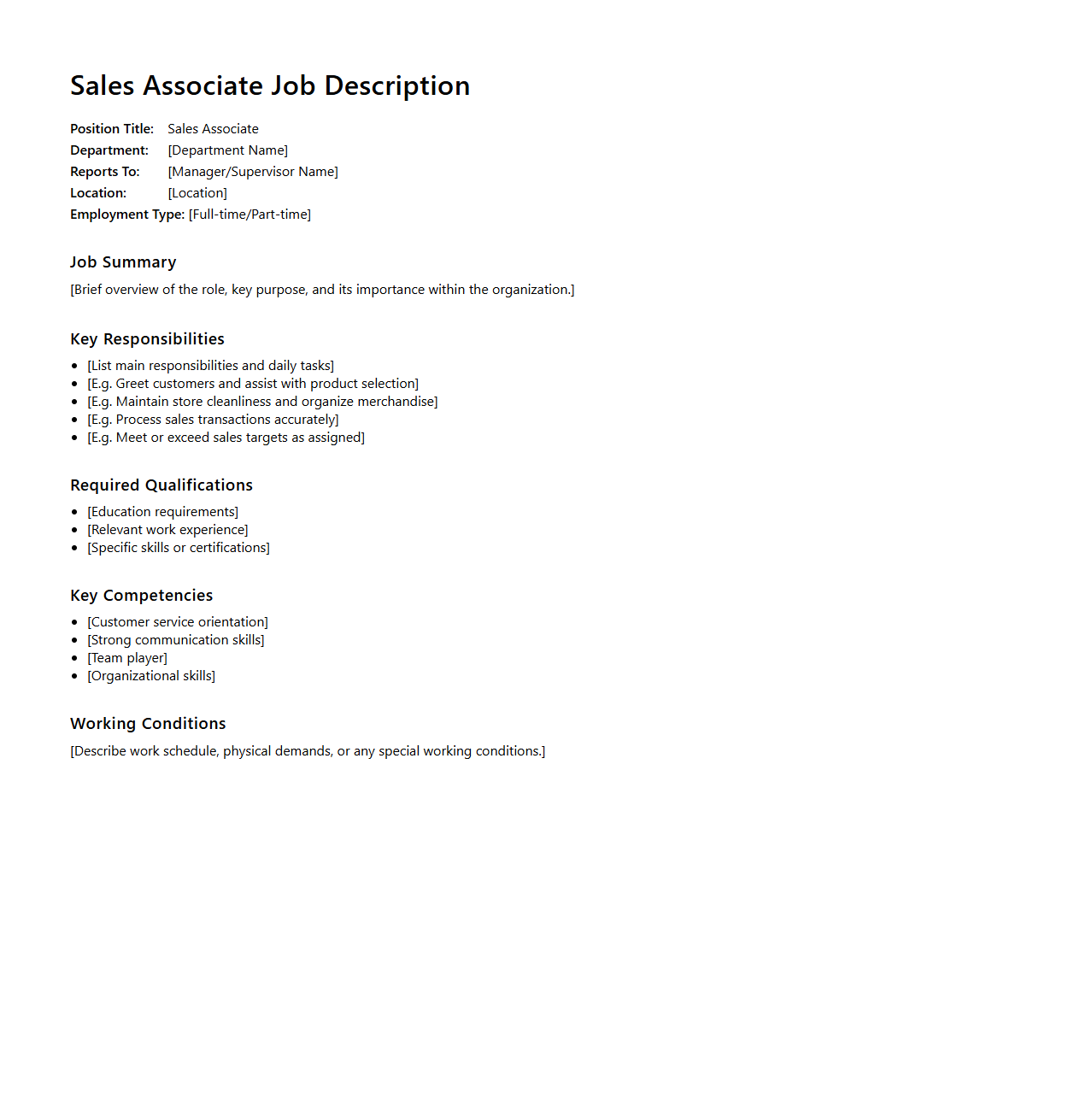 Sales Associate Role Job Description Format
